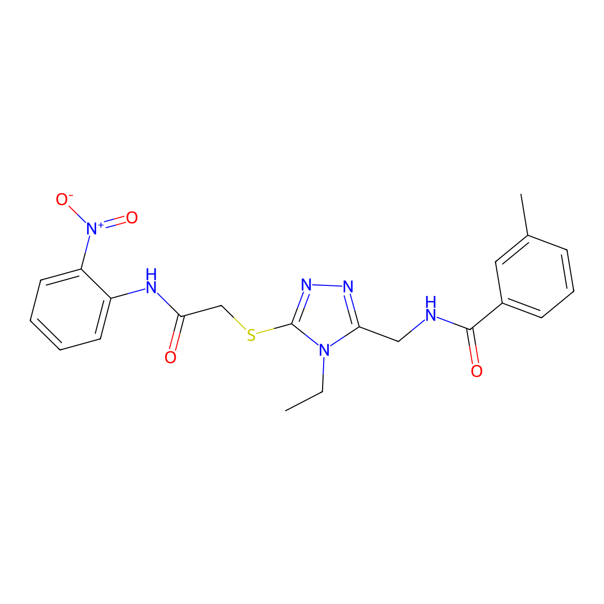 N-[[4-ethyl-5-[2-(2-nitroanilino)-2-oxoethyl]sulfanyl-1,2,4-triazol-3-yl]methyl]-3-methylbenzamide molecular structure, CAS 591765-17-2