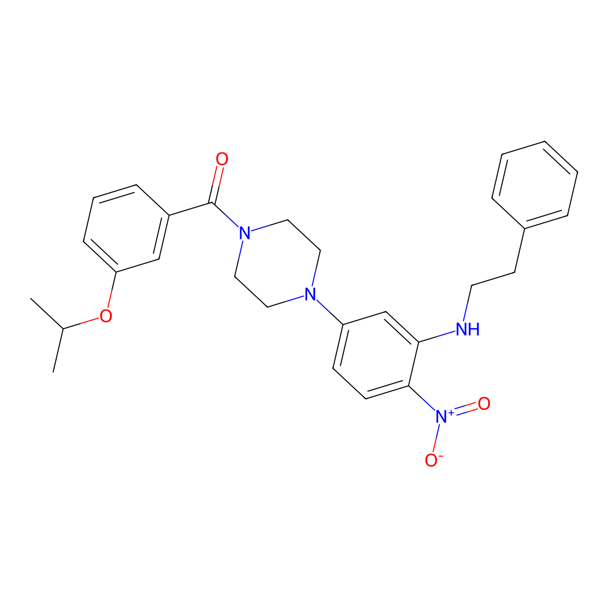(4-{4-Nitro-3-[(2-phenylethyl)amino]phenyl}piperazin-1-yl)[3-(propan-2-yloxy)phenyl]methanone molecular structure, CAS 591765-27-4