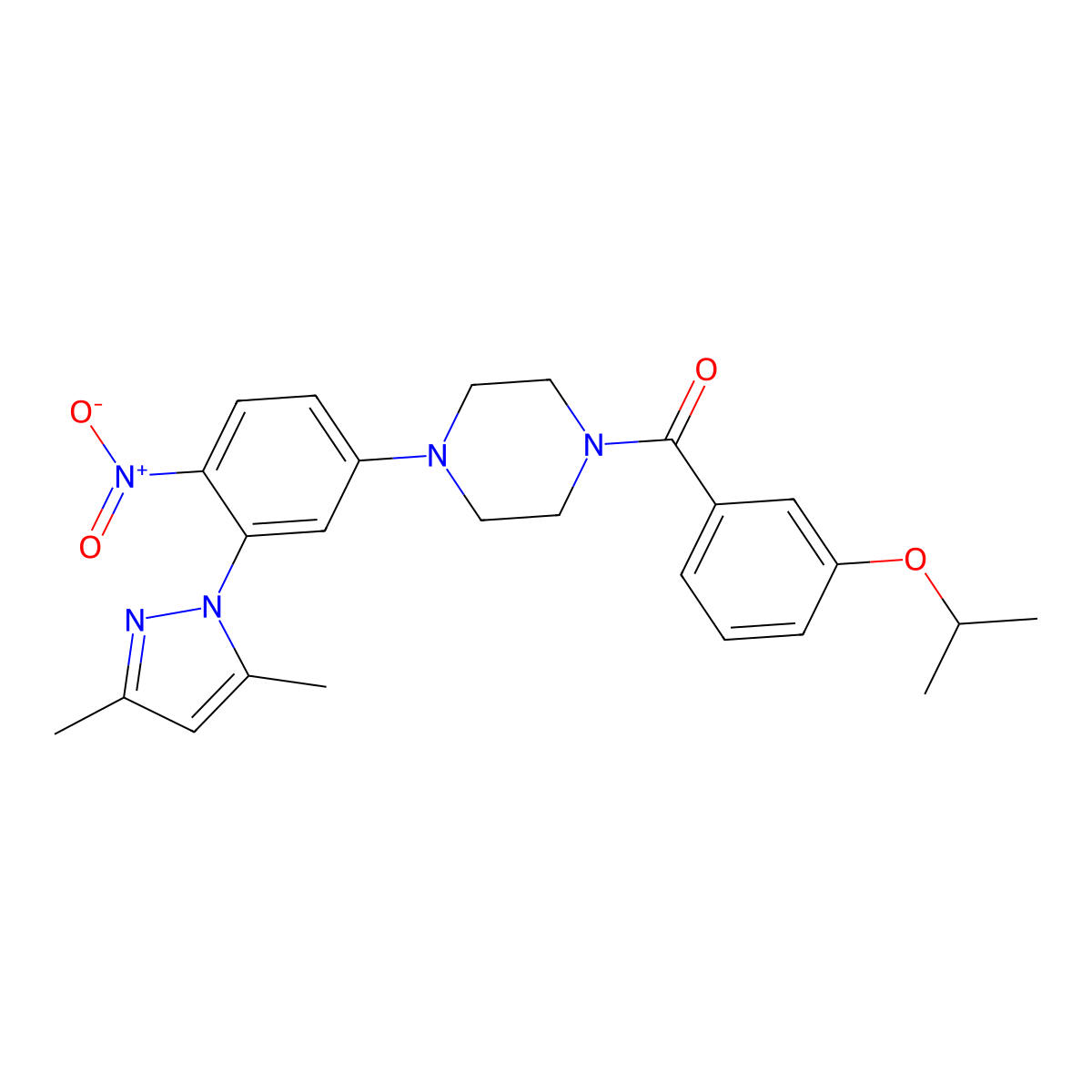 [4-[3-(3,5-Dimethylpyrazol-1-yl)-4-nitrophenyl]piperazin-1-yl]-(3-propan-2-yloxyphenyl)methanone molecular structure, CAS 591765-32-1