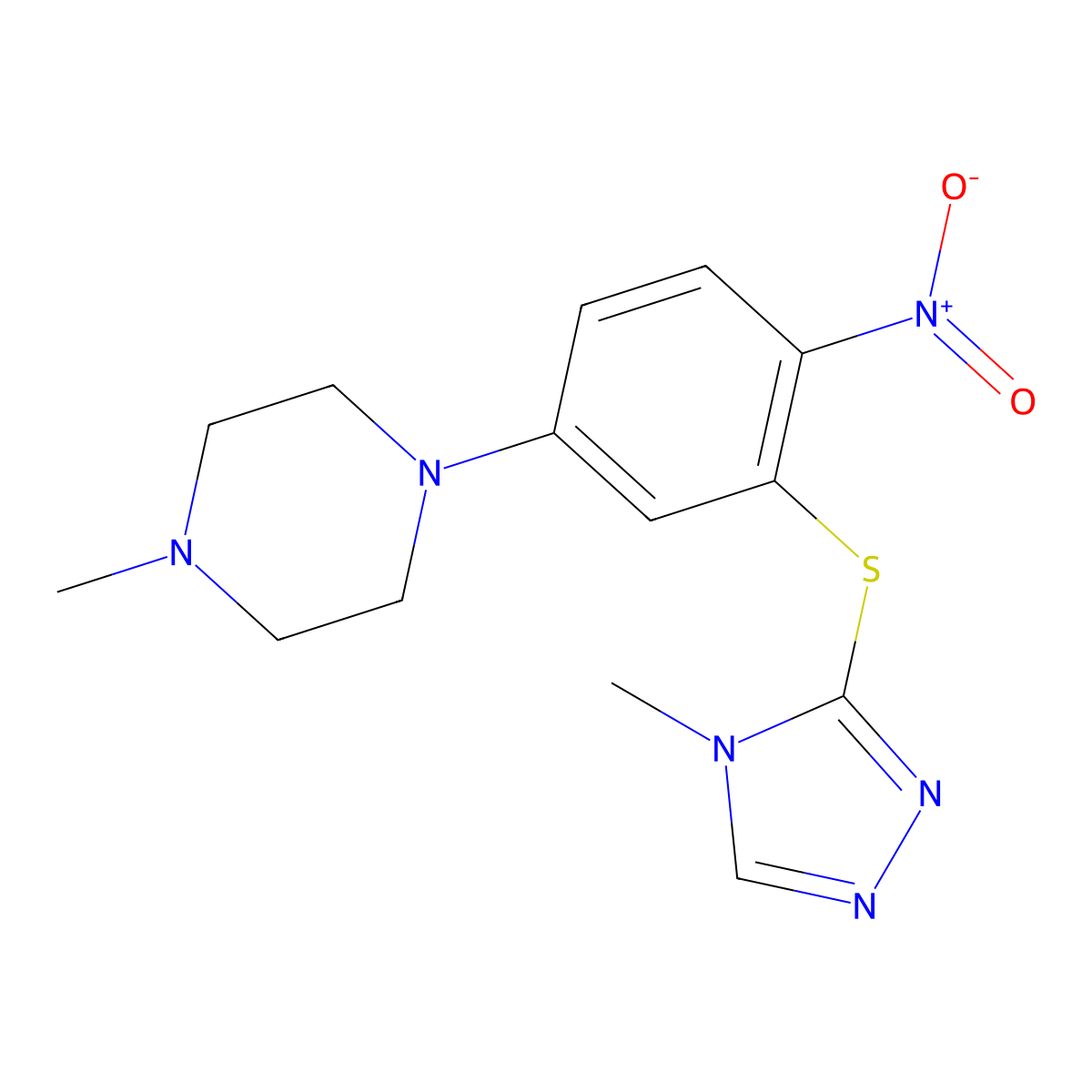 1-Methyl-4-[3-[(4-methyl-1,2,4-triazol-3-yl)sulfanyl]-4-nitrophenyl]piperazine molecular structure, CAS 591765-35-4