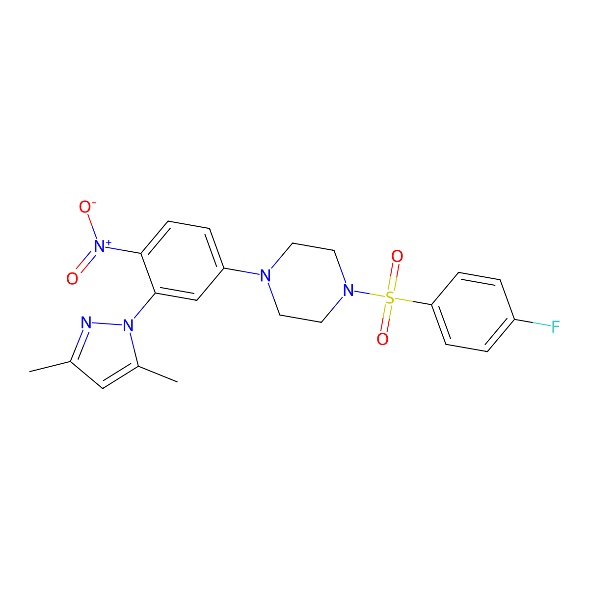 1-[3-(3,5-Dimethylpyrazol-1-yl)-4-nitrophenyl]-4-(4-fluorophenyl)sulfonylpiperazine molecular structure, CAS 591765-40-1