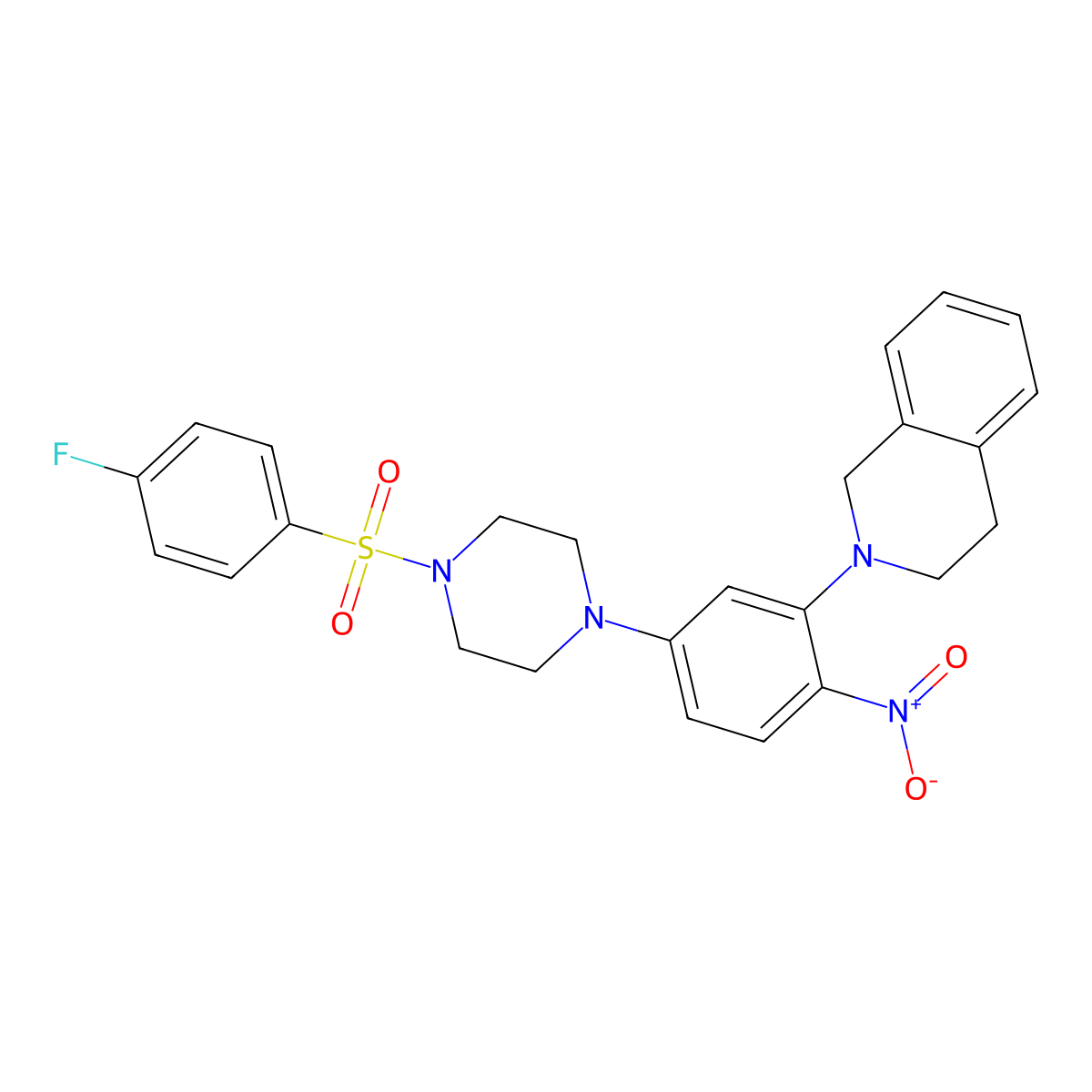 2-[5-[4-(4-fluorophenyl)sulfonylpiperazin-1-yl]-2-nitrophenyl]-3,4-dihydro-1H-isoquinoline molecular structure, CAS 591765-44-5