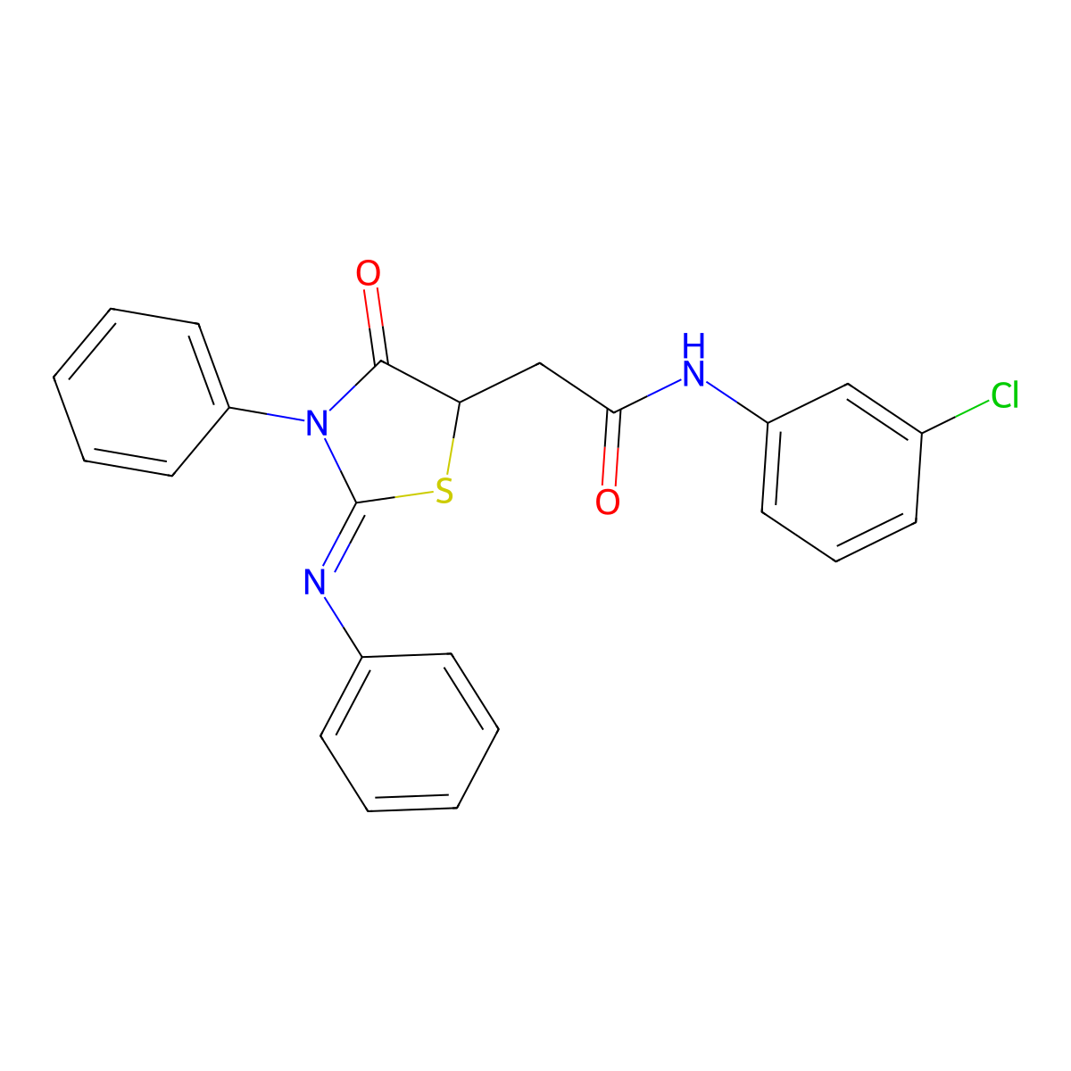 N-(3-chlorophenyl)-2-[(2Z)-4-oxo-3-phenyl-2-(phenylimino)-1,3-thiazolidin-5-yl]acetamide molecular structure, CAS 5918-48-9