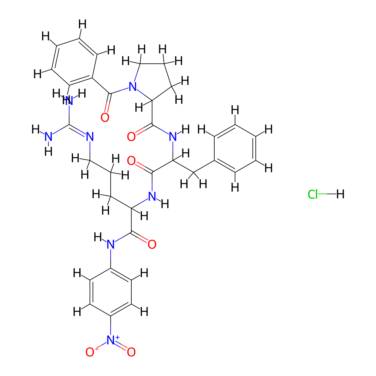 1-Benzoylprolylphenylalanyl-N~5~-(diaminomethylidene)-N-(4-nitrophenyl)ornithinamide--hydrogen chloride (1/1) molecular structure, CAS 59188-28-2