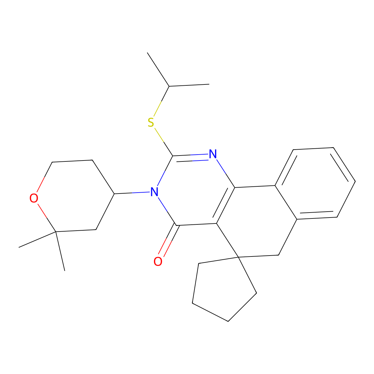 3-(2,2-dimethyltetrahydro-2H-pyran-4-yl)-2-(propan-2-ylsulfanyl)-3H-spiro[benzo[h]quinazoline-5,1'-cyclopentan]-4(6H)-one molecular structure, CAS 5920-04-7