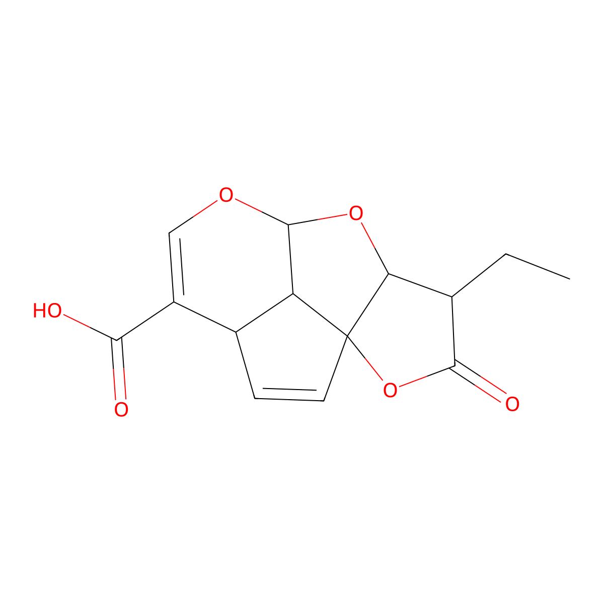 11-Ethyl-12-oxo-7,9,13-trioxatetracyclo[6.5.1.01,10.04,14]tetradeca-2,5-diene-5-carboxylic acid molecular structure, CAS 59204-61-4