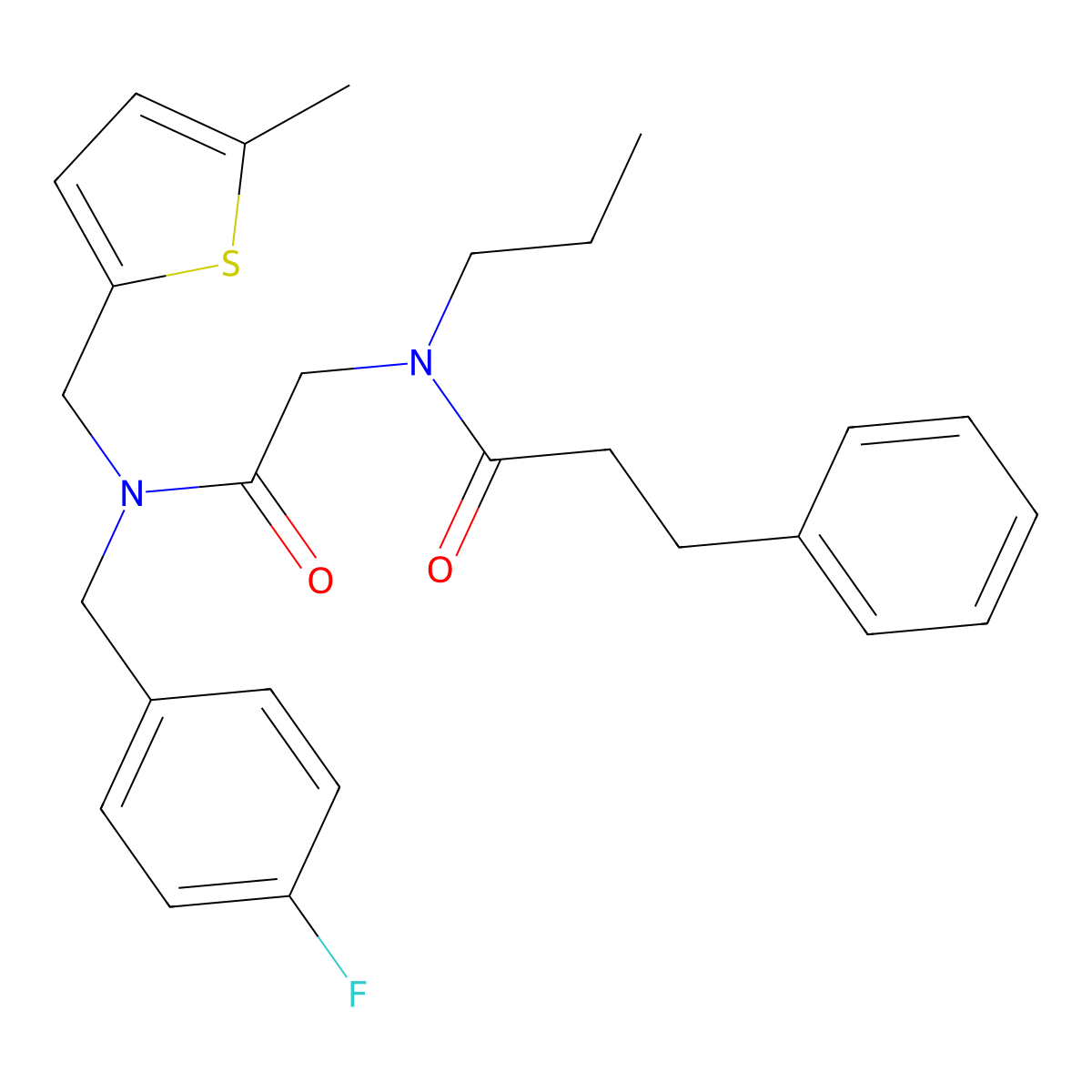 N-[2-[(4-fluorophenyl)methyl-[(5-methylthiophen-2-yl)methyl]amino]-2-oxoethyl]-3-phenyl-N-propylpropanamide molecular structure, CAS 5921-02-8