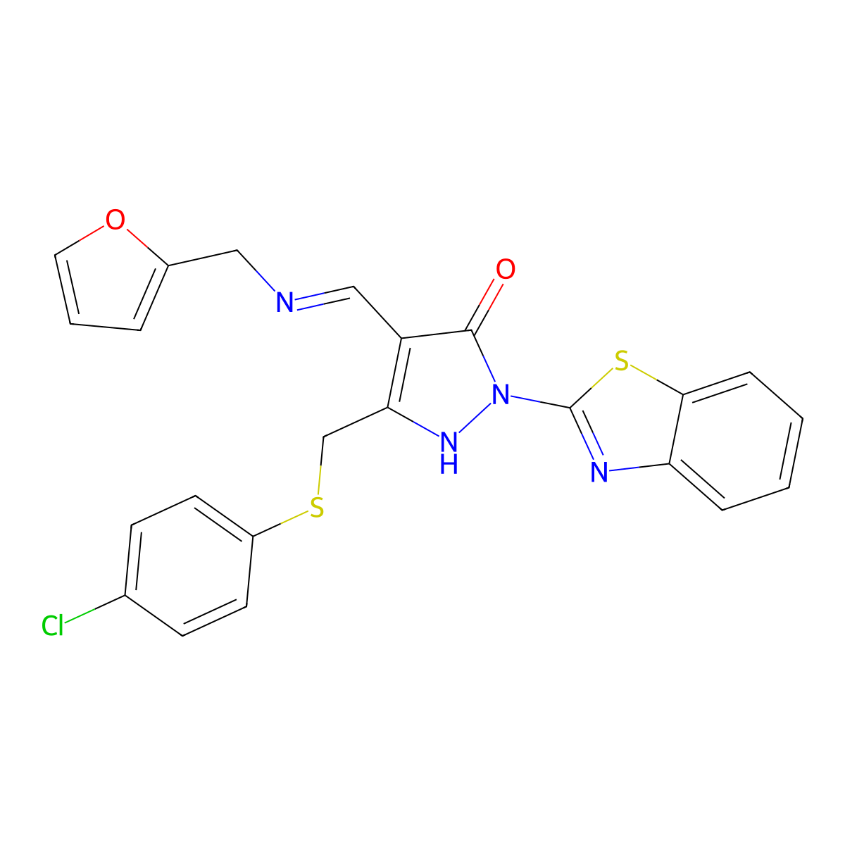 2-(benzo[d]thiazol-2-yl)-5-((4-chlorophenylthio)methyl)-4-((furan-2-ylmethylimino)methyl)-1H-pyrazol-3(2H)-one molecular structure, CAS 5923-61-5
