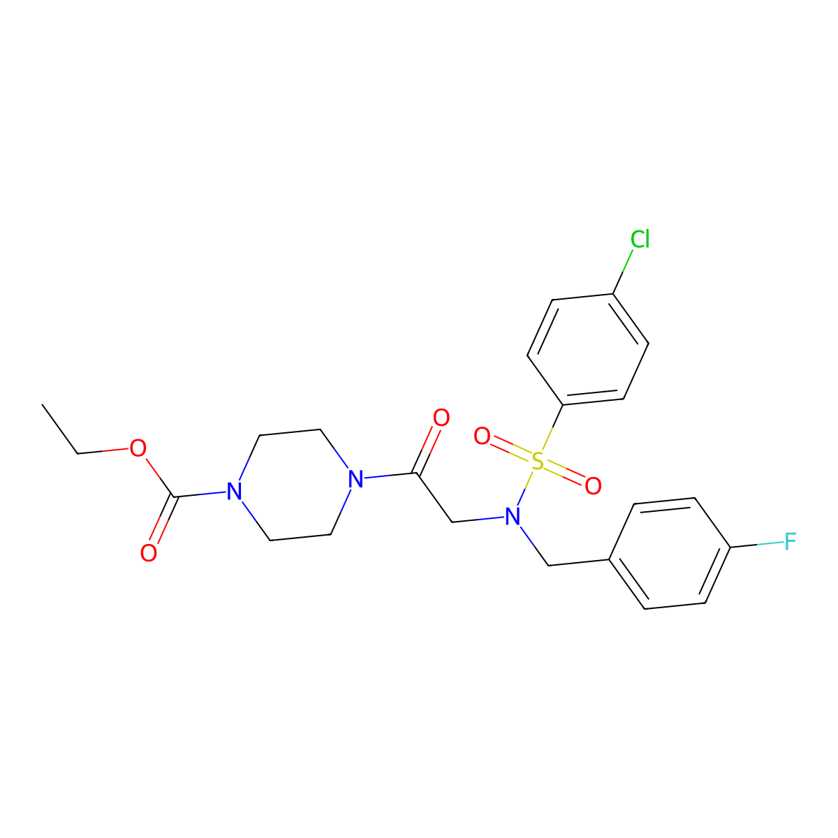 ethyl 4-{N-[(4-chlorophenyl)sulfonyl]-N-(4-fluorobenzyl)glycyl}piperazine-1-carboxylate molecular structure, CAS 592467-18-0