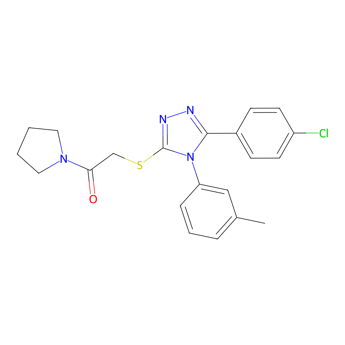 2-[[5-(4-Chlorophenyl)-4-(3-methylphenyl)-1,2,4-triazol-3-yl]sulfanyl]-1-pyrrolidin-1-ylethanone molecular structure, CAS 592514-95-9