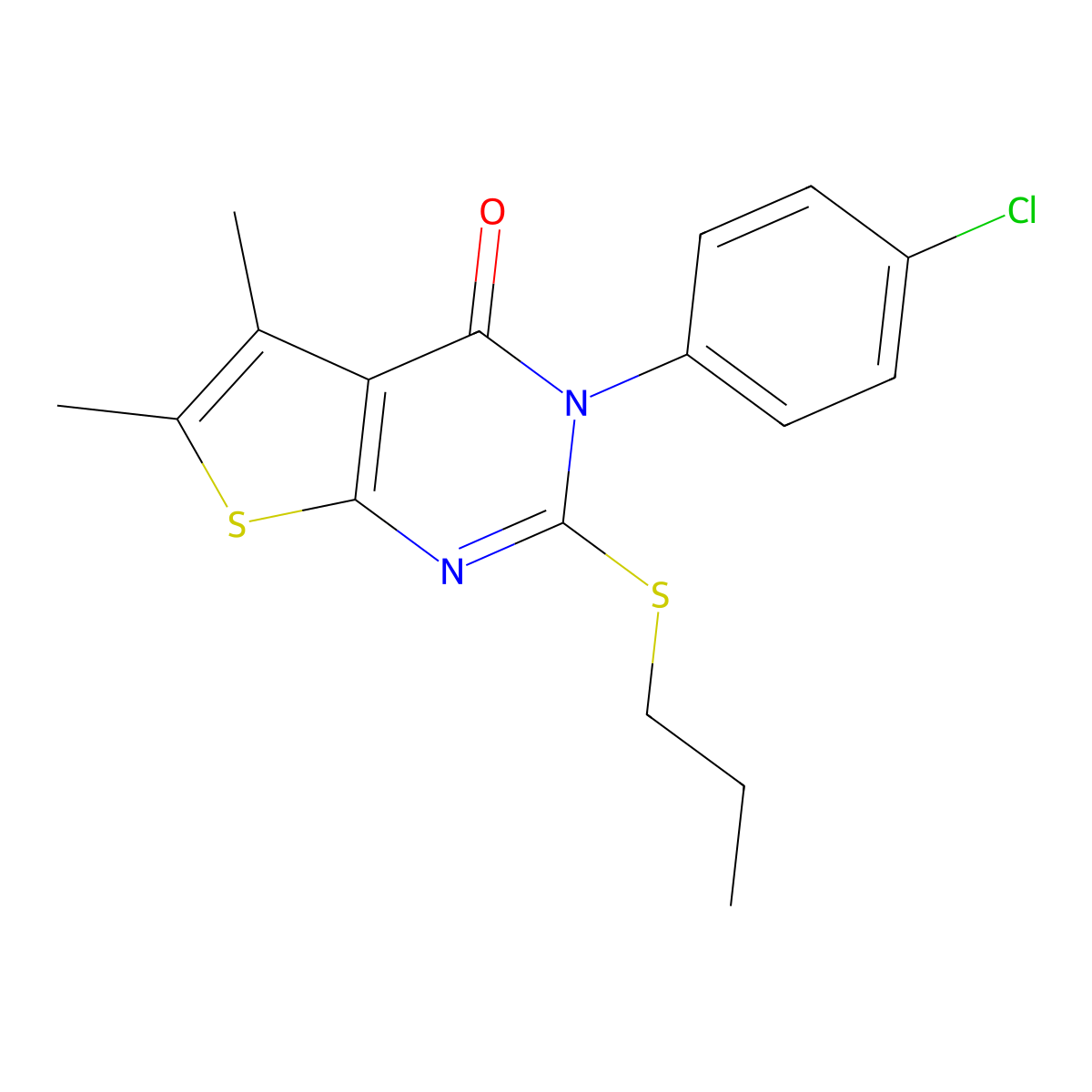 3-(4-Chlorophenyl)-5,6-dimethyl-2-propylsulfanylthieno[2,3-d]pyrimidin-4-one molecular structure, CAS 592537-57-0