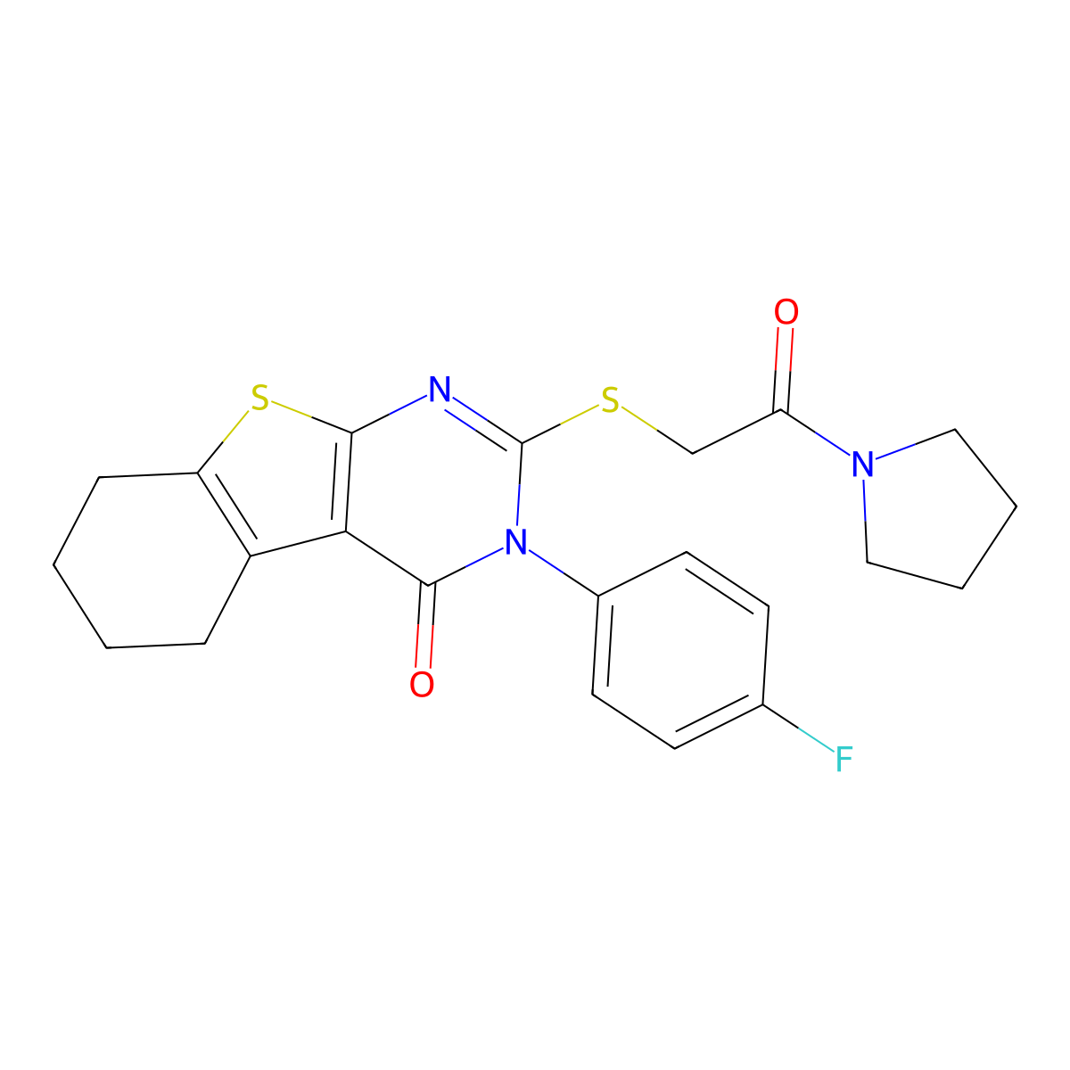 3-(4-Fluorophenyl)-2-(2-oxo-2-pyrrolidin-1-ylethyl)sulfanyl-5,6,7,8-tetrahydro-[1]benzothiolo[2,3-d]pyrimidin-4-one molecular structure, CAS 592537-63-8