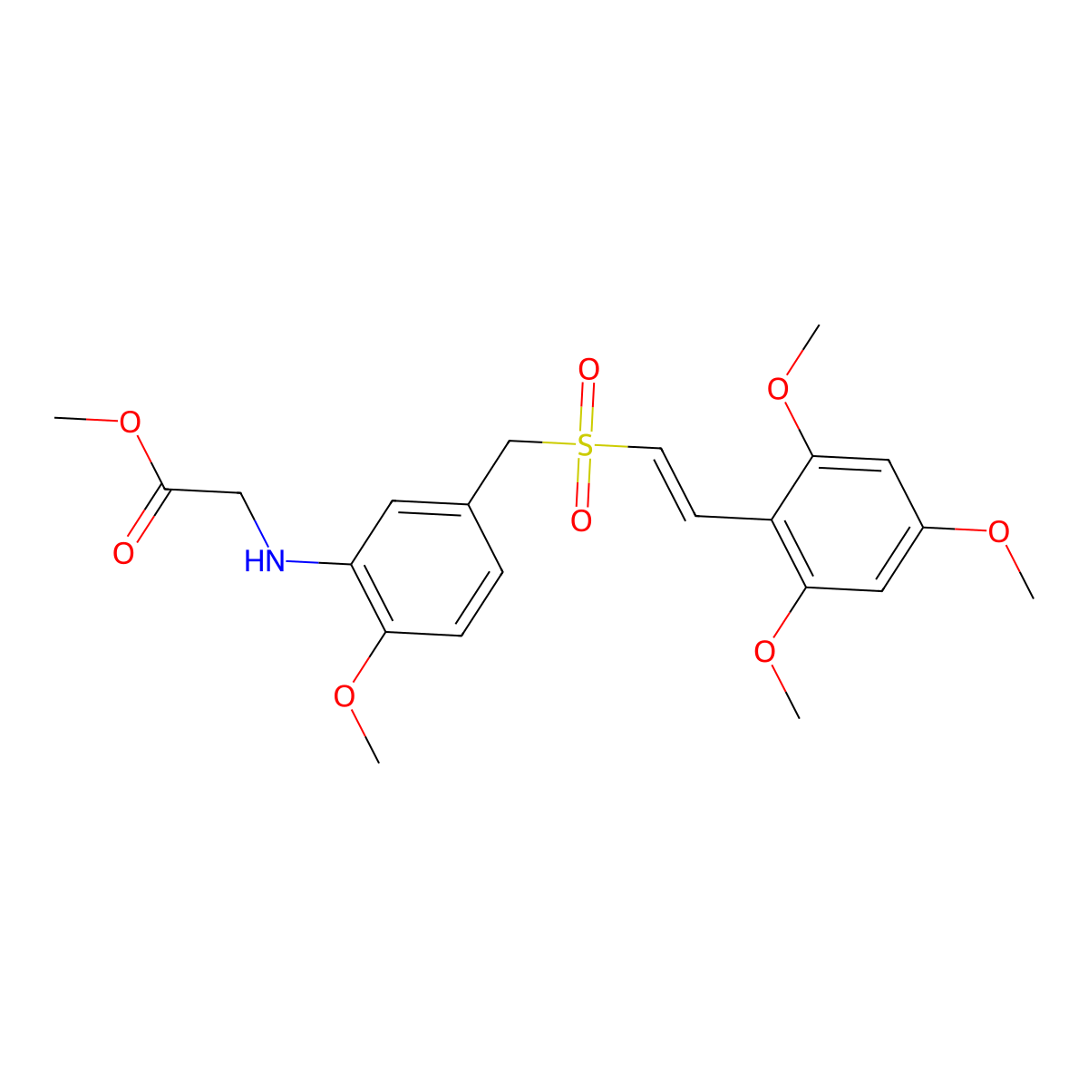 (E)-metyl 2-((2-metoxy-5-(((2,4,6-trimetoxystyryl)sulfonyl)metyl)fenyl)amino) acetate molecular structure, CAS 592542-61-5