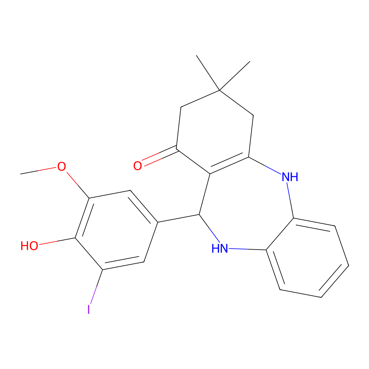 11-(4-hydroxy-3-iodo-5-methoxyphenyl)-3,3-dimethyl-2,3,4,5,10,11-hexahydro-1H-dibenzo[b,e][1,4]diazepin-1-one molecular structure, CAS 5927-09-3