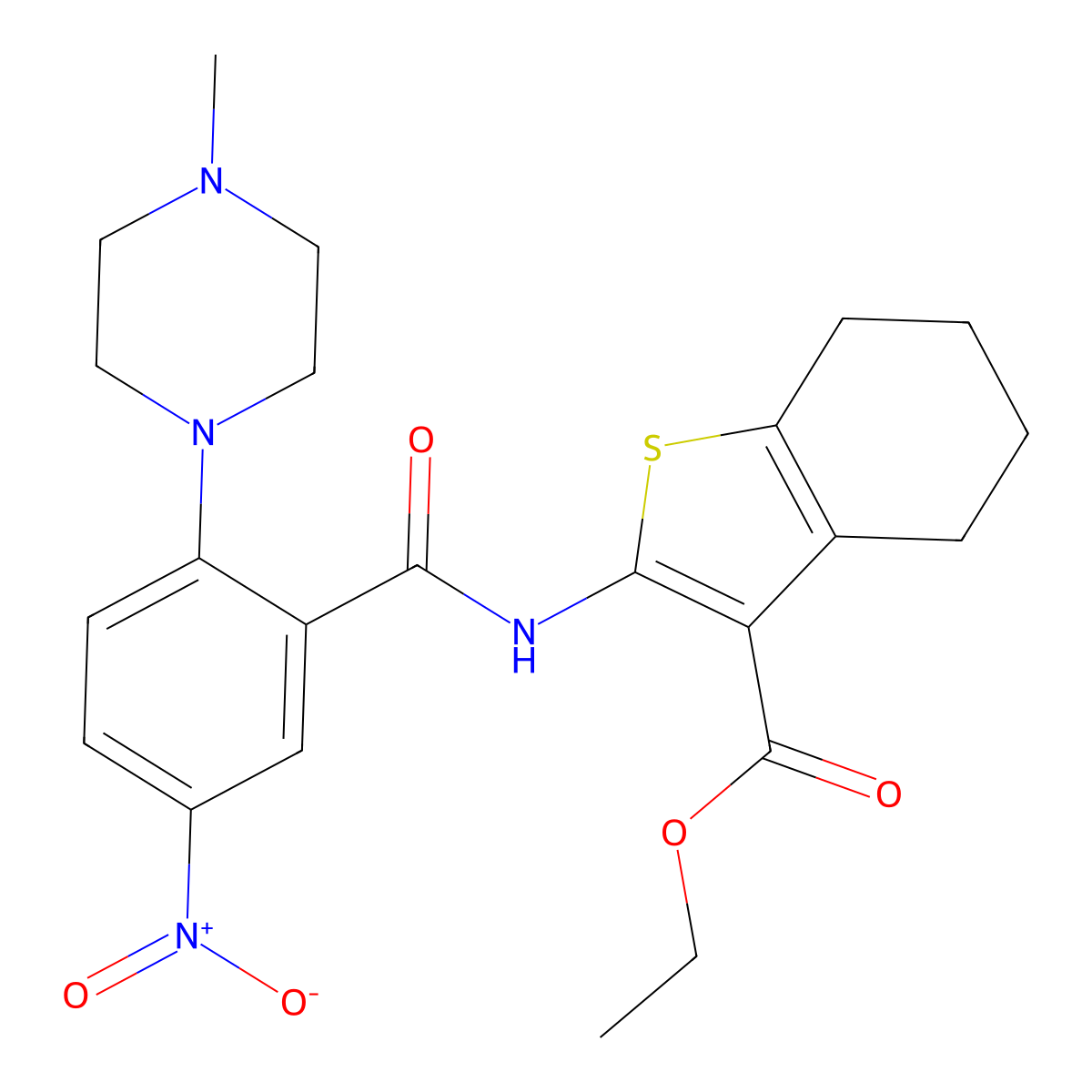 Ethyl 2-[[2-(4-methylpiperazin-1-yl)-5-nitrobenzoyl]amino]-4,5,6,7-tetrahydro-1-benzothiophene-3-carboxylate molecular structure, CAS 5927-29-7