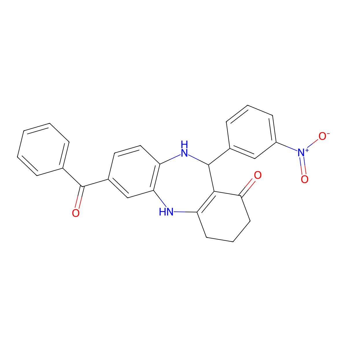 2-Benzoyl-6-(3-nitrophenyl)-5,6,8,9,10,11-hexahydrobenzo[b][1,4]benzodiazepin-7-one molecular structure, CAS 5927-43-5