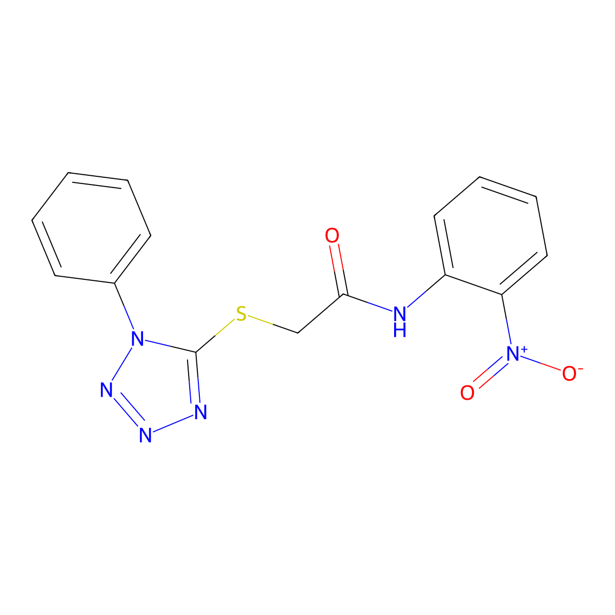 N-(2-nitrophenyl)-2-(1-phenyltetrazol-5-yl)sulfanylacetamide molecular structure, CAS 5929-27-1
