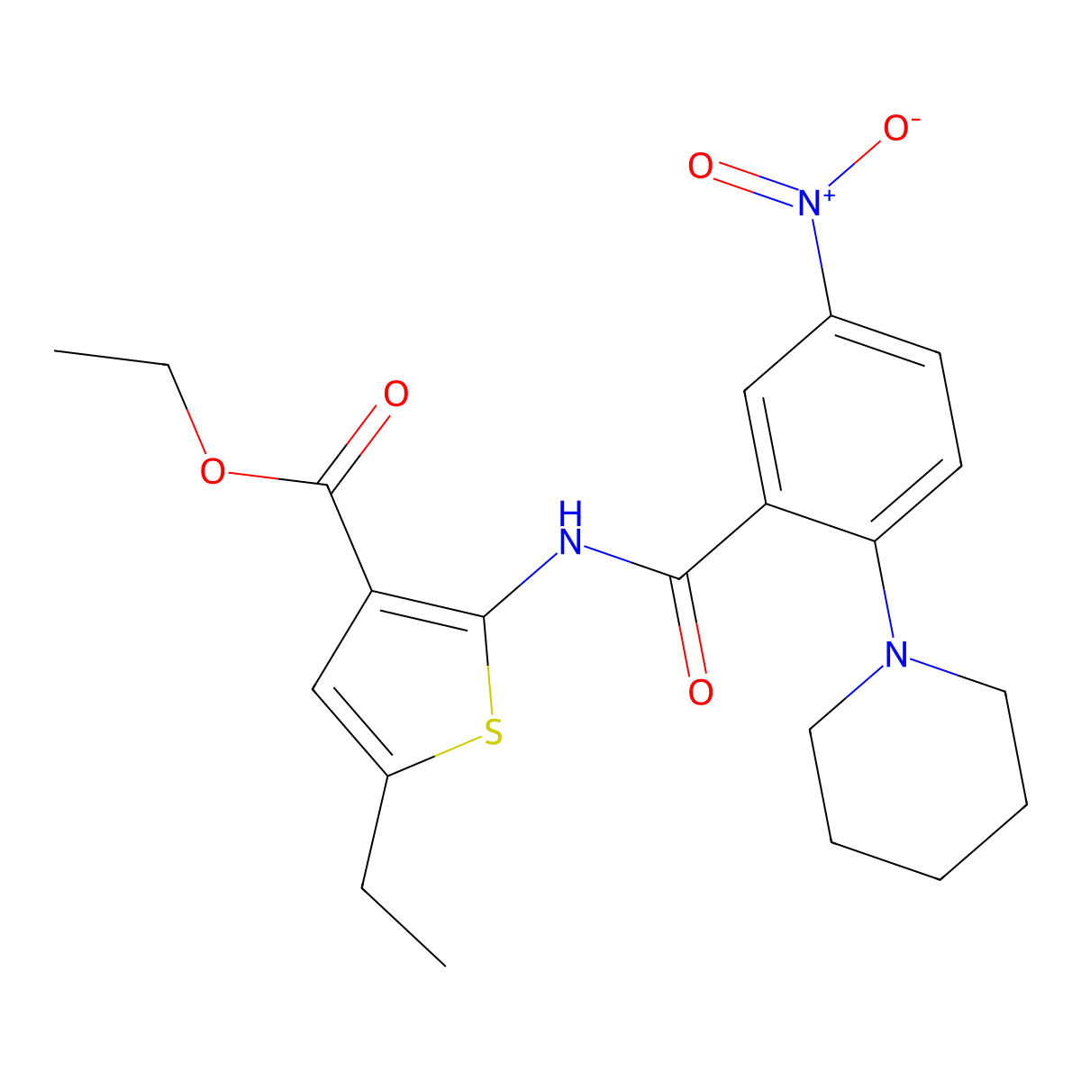 Ethyl 5-ethyl-2-[(5-nitro-2-piperidin-1-ylbenzoyl)amino]thiophene-3-carboxylate molecular structure, CAS 5929-75-9