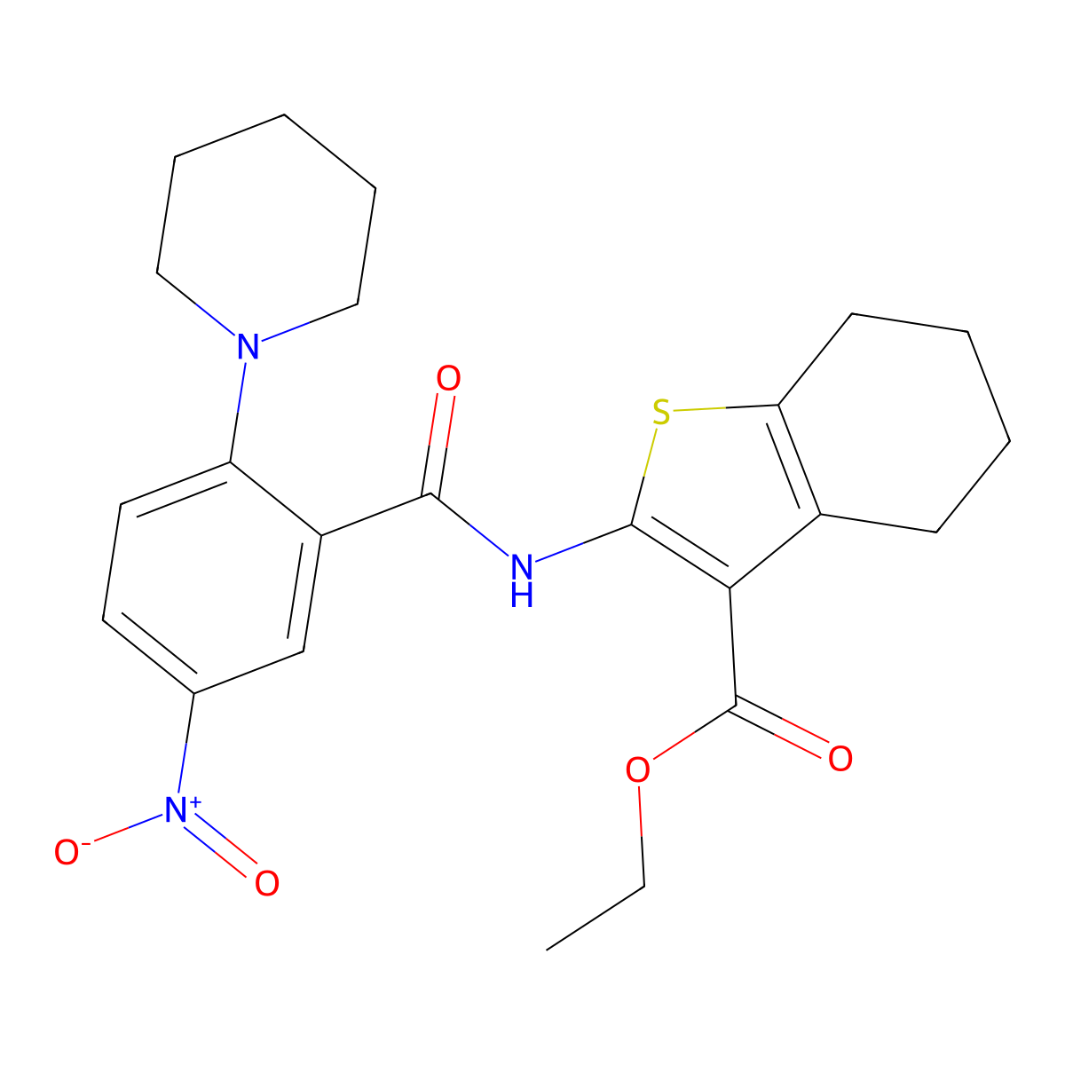 Ethyl 2-[(5-nitro-2-piperidin-1-ylbenzoyl)amino]-4,5,6,7-tetrahydro-1-benzothiophene-3-carboxylate molecular structure, CAS 5930-62-1