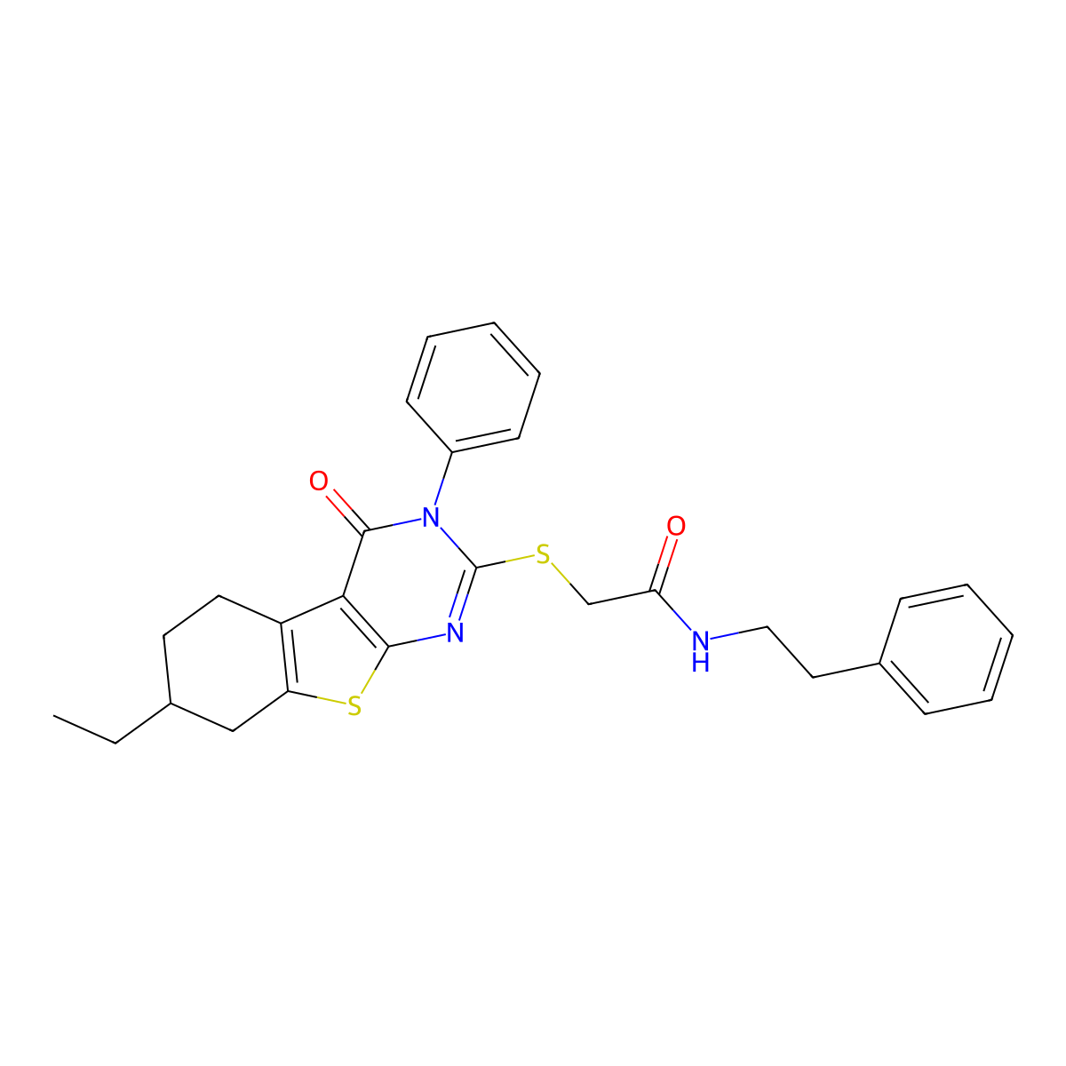 2-[(7-Ethyl-4-oxo-3-phenyl-5,6,7,8-tetrahydro-[1]benzothiolo[2,3-d]pyrimidin-2-yl)sulfanyl]-N-(2-phenylethyl)acetamide molecular structure, CAS 5930-84-7