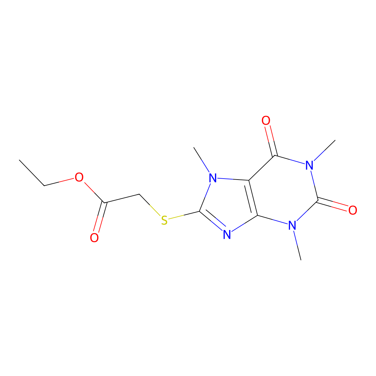 ethyl [(1,3,7-trimethyl-2,6-dioxo-2,3,6,7-tetrahydro-1H-purin-8-yl)sulfanyl]acetate molecular structure, CAS 5931-82-8