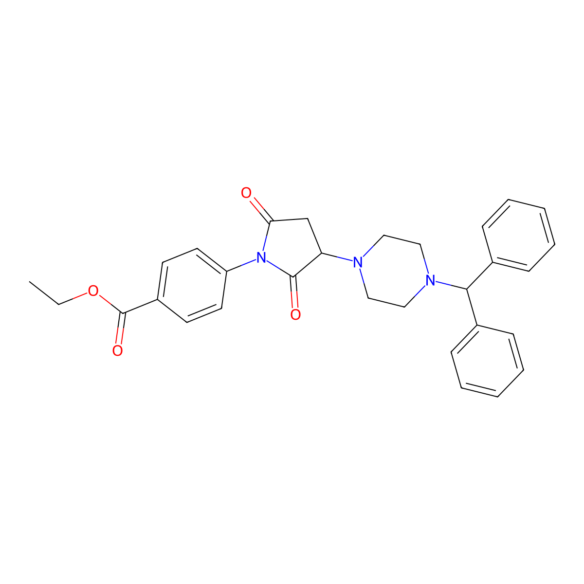 Ethyl 4-{3-[4-(diphenylmethyl)piperazin-1-yl]-2,5-dioxopyrrolidin-1-yl}benzoate molecular structure, CAS 5932-37-6