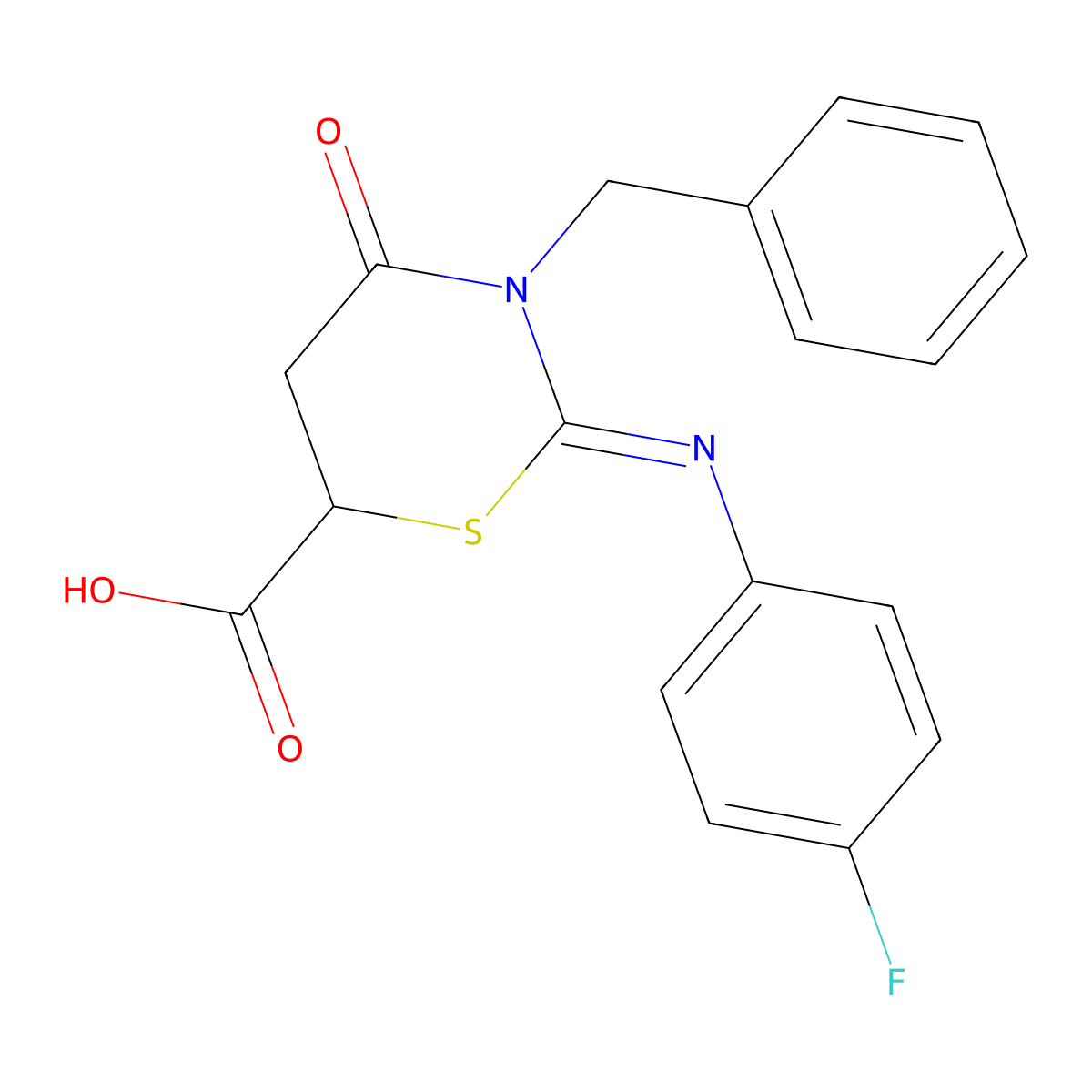 3-Benzyl-2-(4-fluorophenyl)imino-4-oxo-1,3-thiazinane-6-carboxylic acid molecular structure, CAS 5932-52-5