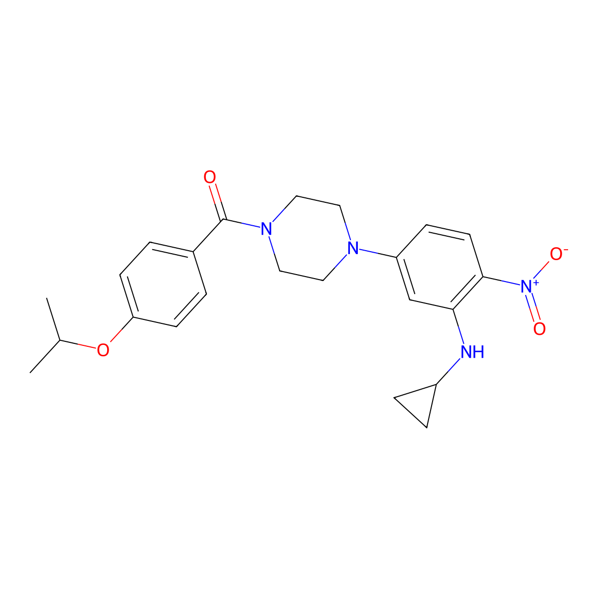 [4-[3-(Cyclopropylamino)-4-nitrophenyl]piperazin-1-yl]-(4-propan-2-yloxyphenyl)methanone molecular structure, CAS 593238-01-8