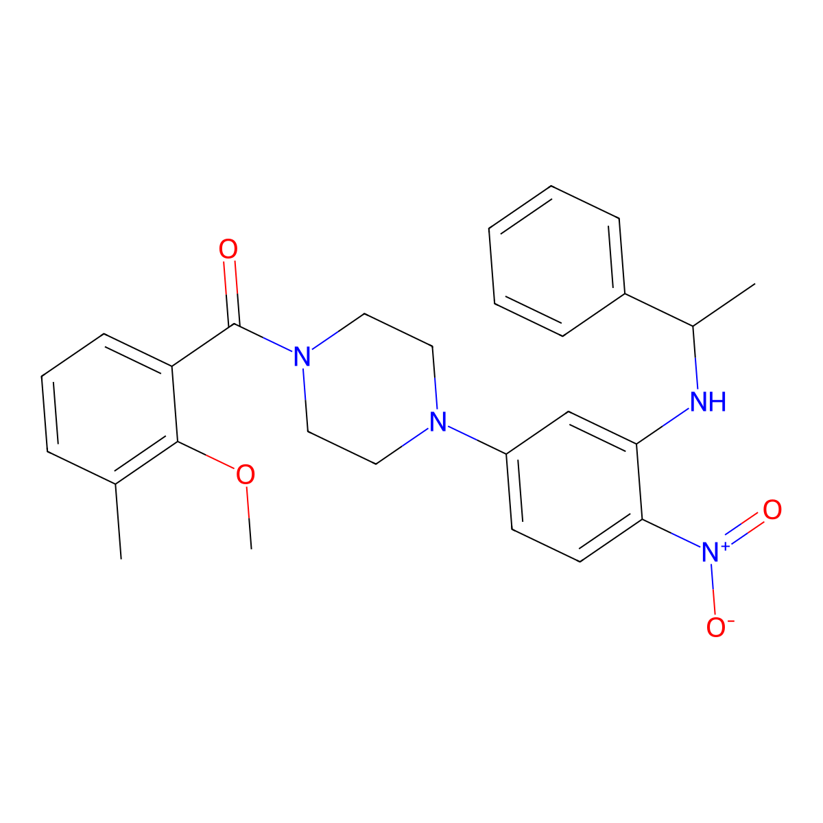 (2-Methoxy-3-methylphenyl)(4-(4-nitro-3-((1-phenylethyl)amino)phenyl)piperazin-1-yl)methanone molecular structure, CAS 593238-02-9