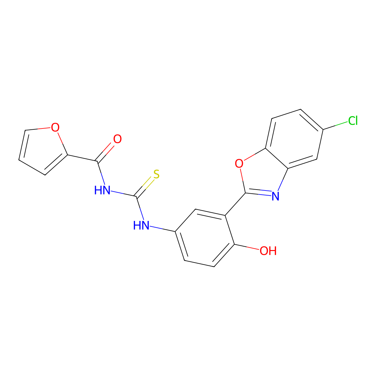 N-{[3-(5-chloro-1,3-benzoxazol-2-yl)-4-hydroxyphenyl]carbamothioyl}furan-2-carboxamide molecular structure, CAS 593238-36-9