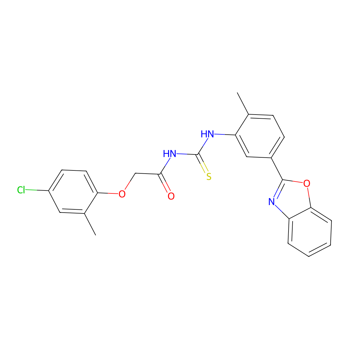 N-{[5-(1,3-benzoxazol-2-yl)-2-methylphenyl]carbamothioyl}-2-(4-chloro-2-methylphenoxy)acetamide molecular structure, CAS 593238-39-2