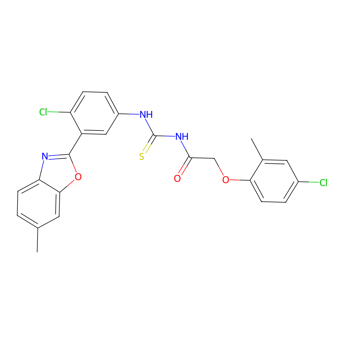 N-{[4-chloro-3-(6-methyl-1,3-benzoxazol-2-yl)phenyl]carbamothioyl}-2-(4-chloro-2-methylphenoxy)acetamide molecular structure, CAS 593238-44-9