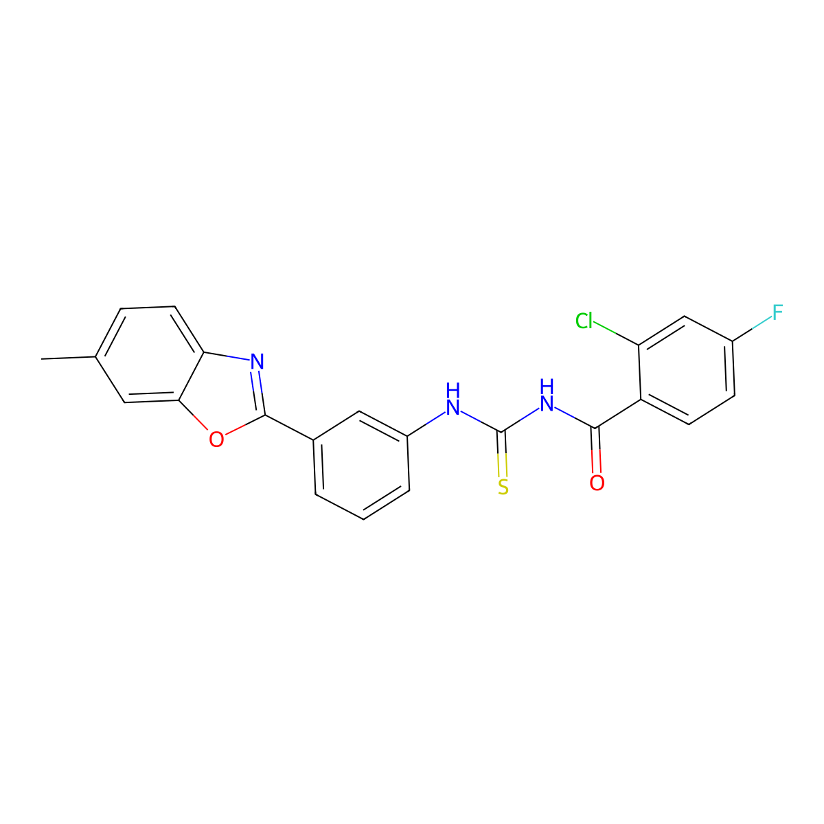 2-chloro-4-fluoro-N-{[3-(6-methyl-1,3-benzoxazol-2-yl)phenyl]carbamothioyl}benzamide molecular structure, CAS 593238-50-7