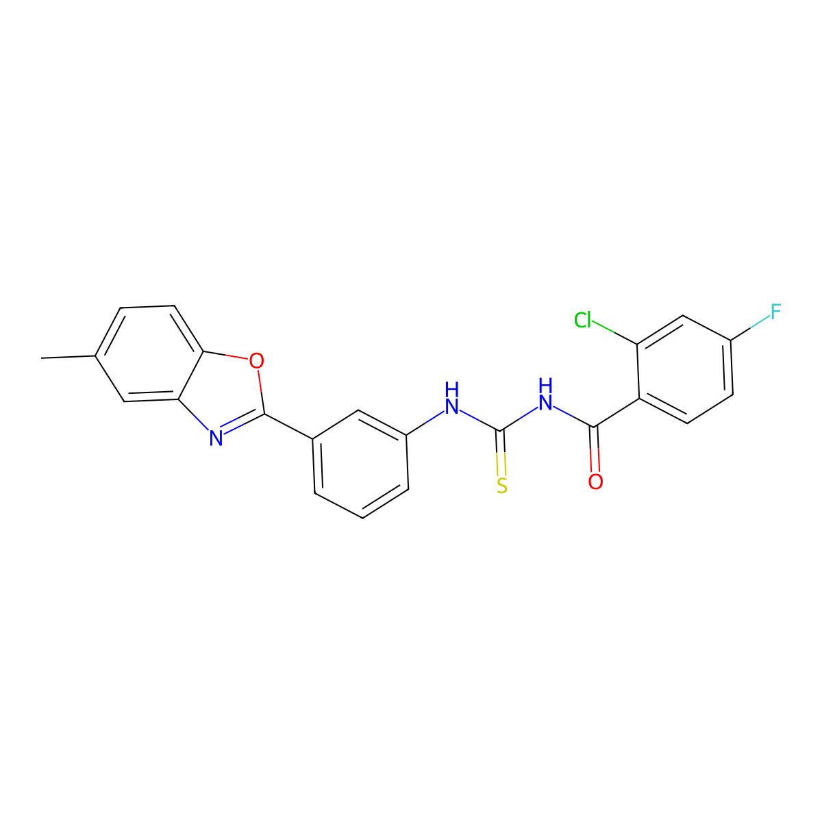2-chloro-4-fluoro-N-{[3-(5-methyl-1,3-benzoxazol-2-yl)phenyl]carbamothioyl}benzamide molecular structure, CAS 593238-51-8