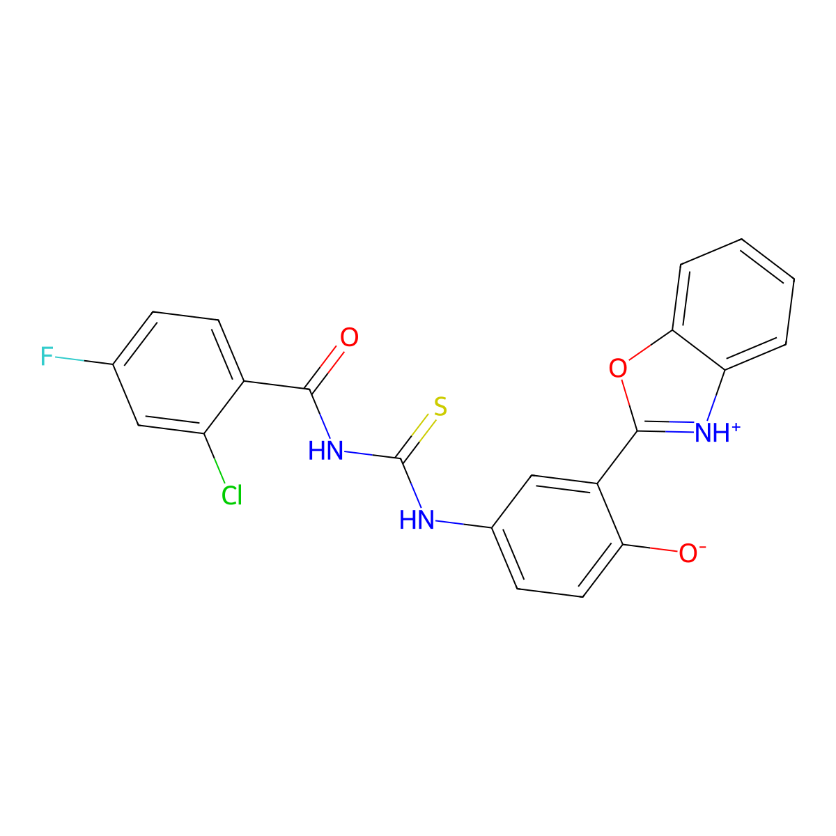 N-{[3-(1,3-Benzoxazol-2(3H)-ylidene)-4-oxocyclohexa-1,5-dien-1-yl]carbamothioyl}-2-chloro-4-fluorobenzamide molecular structure, CAS 593238-53-0