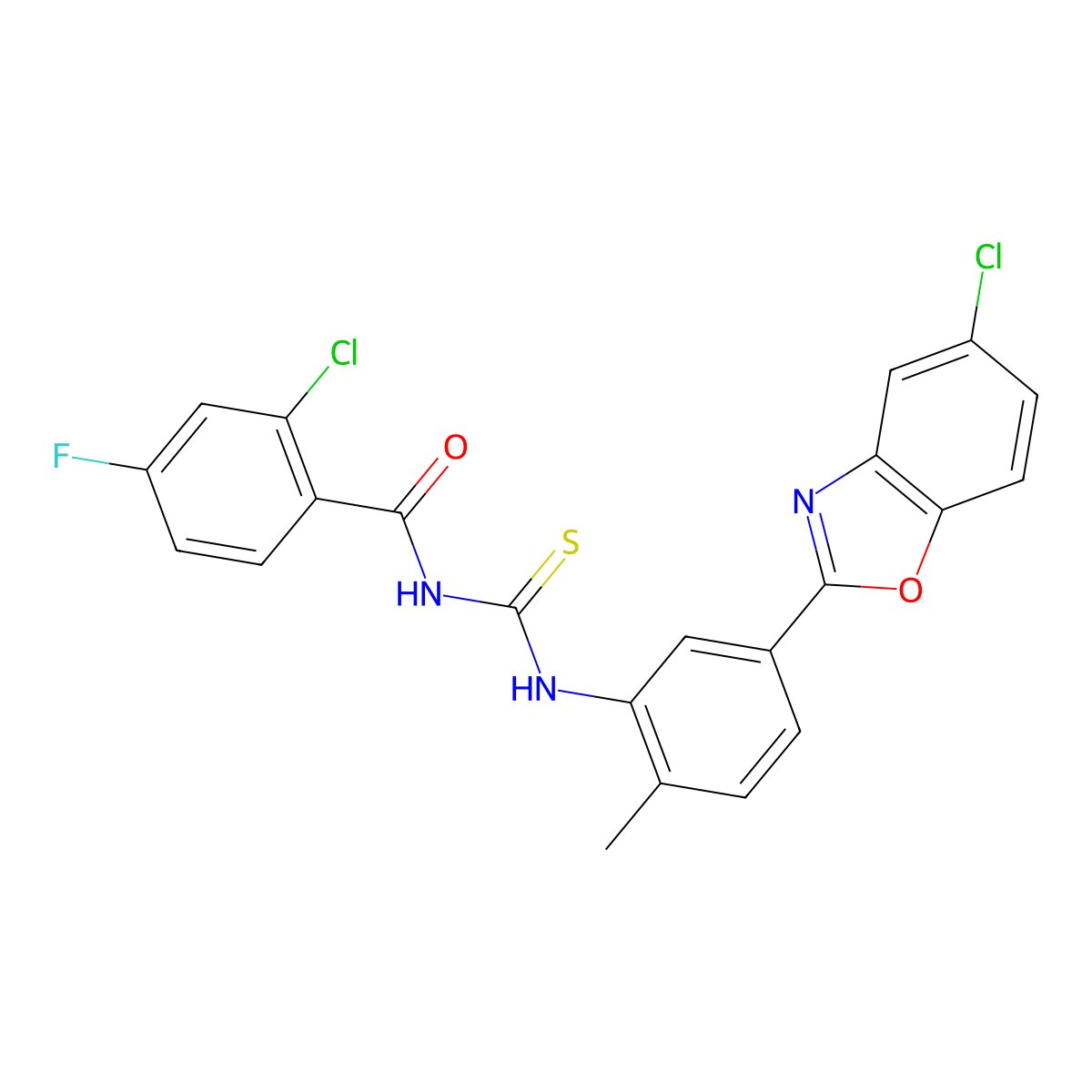 2-chloro-N-{[5-(5-chloro-1,3-benzoxazol-2-yl)-2-methylphenyl]carbamothioyl}-4-fluorobenzamide molecular structure, CAS 593238-54-1