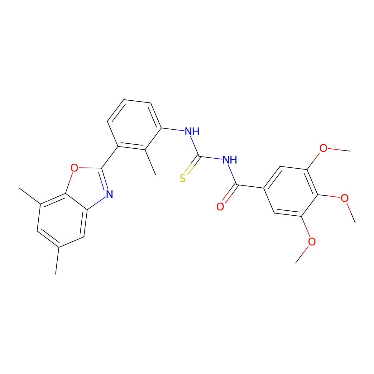 N-{[3-(5,7-dimethyl-1,3-benzoxazol-2-yl)-2-methylphenyl]carbamothioyl}-3,4,5-trimethoxybenzamide molecular structure, CAS 593238-60-9