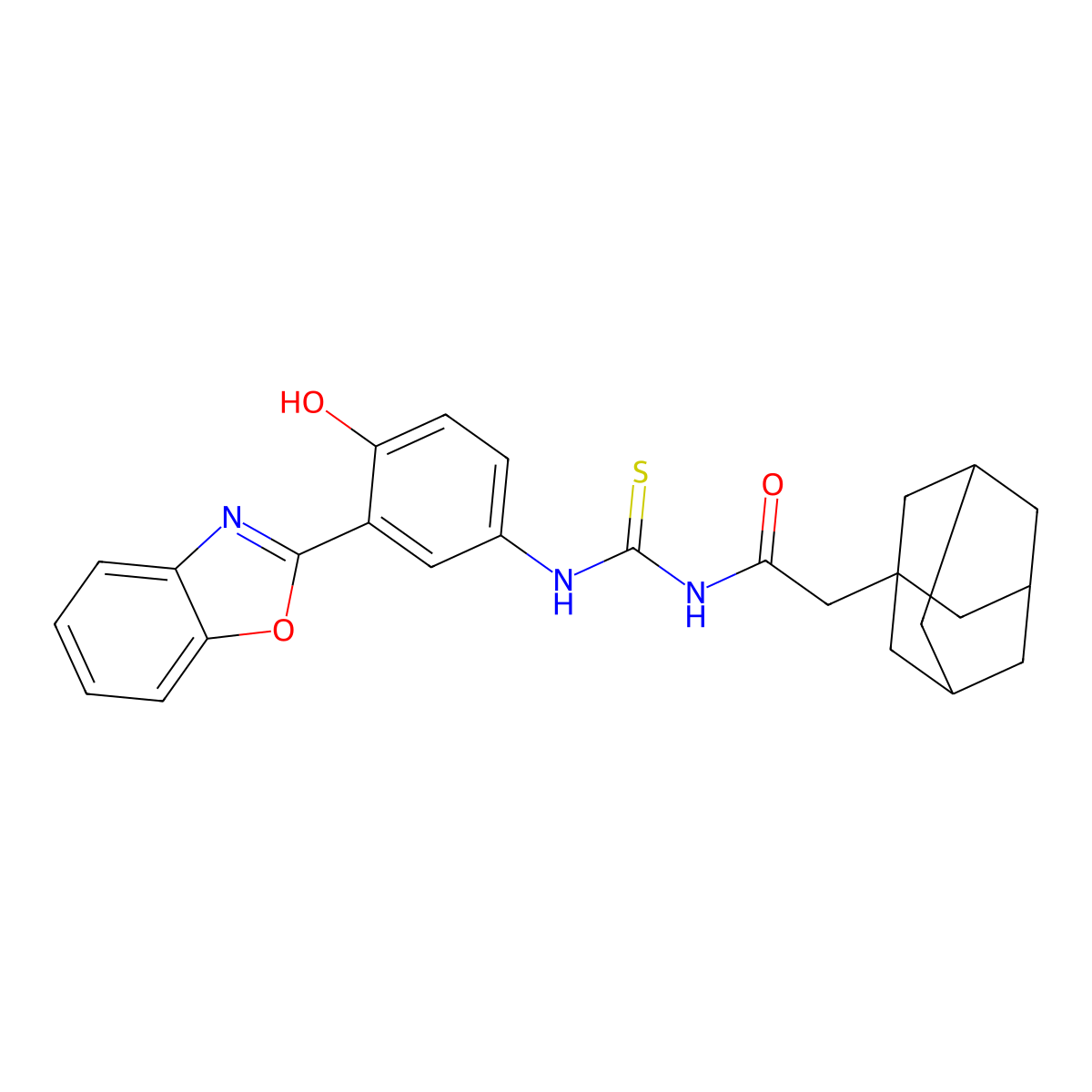N-{[3-(1,3-Benzoxazol-2(3H)-ylidene)-4-oxocyclohexa-1,5-dien-1-yl]carbamothioyl}-2-(tricyclo[3.3.1.1~3,7~]decan-1-yl)acetamide molecular structure, CAS 593238-61-0