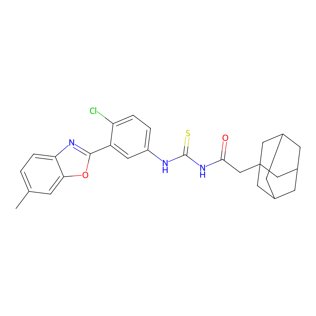 N-{[4-chloro-3-(6-methyl-1,3-benzoxazol-2-yl)phenyl]carbamothioyl}-2-(tricyclo[3.3.1.1~3,7~]dec-1-yl)acetamide molecular structure, CAS 593238-63-2