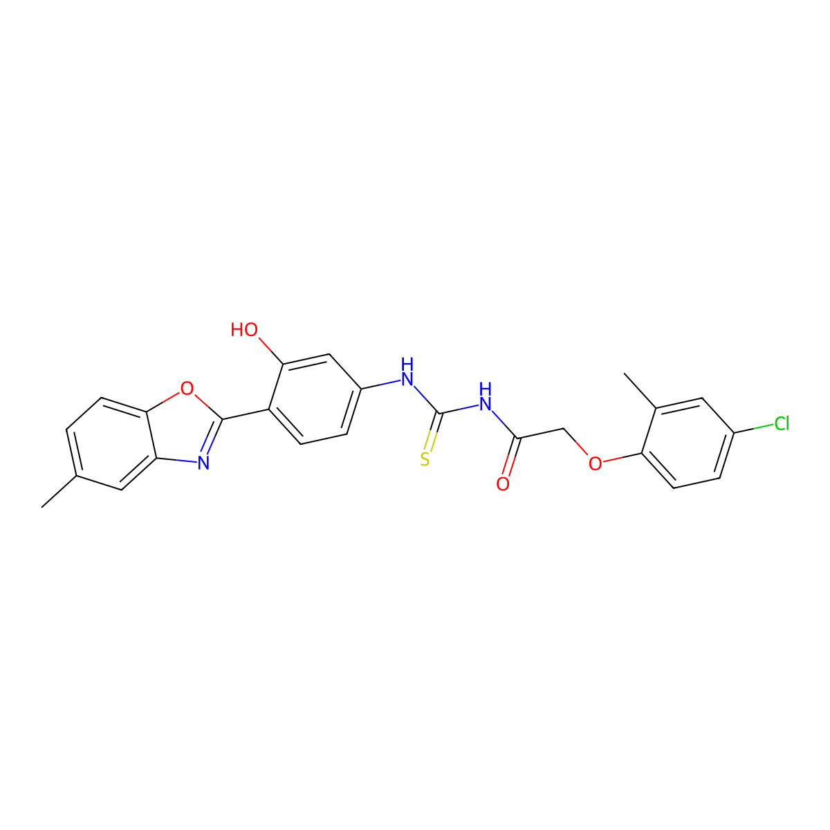 2-(4-chloro-2-methylphenoxy)-N-{[3-hydroxy-4-(5-methyl-1,3-benzoxazol-2-yl)phenyl]carbamothioyl}acetamide molecular structure, CAS 593238-74-5