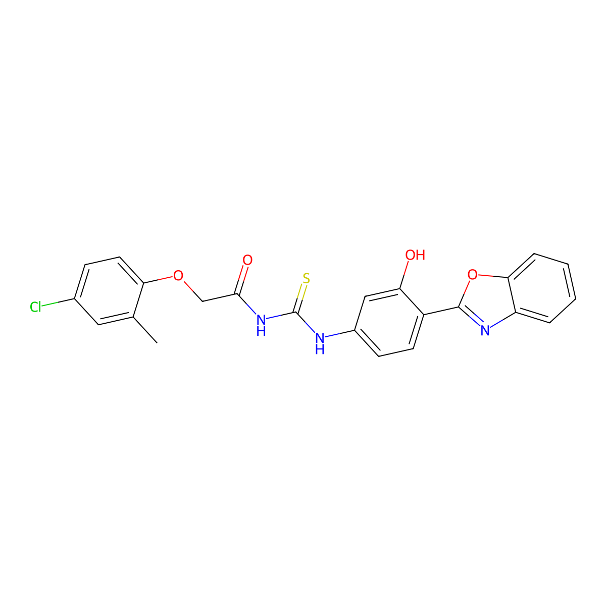 N-{[4-(1,3-benzoxazol-2-yl)-3-hydroxyphenyl]carbamothioyl}-2-(4-chloro-2-methylphenoxy)acetamide molecular structure, CAS 593238-75-6
