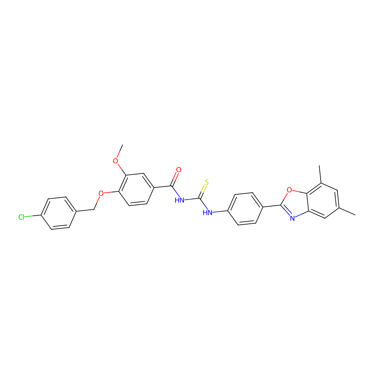 4-[(4-chlorobenzyl)oxy]-N-{[4-(5,7-dimethyl-1,3-benzoxazol-2-yl)phenyl]carbamothioyl}-3-methoxybenzamide molecular structure, CAS 593238-82-5