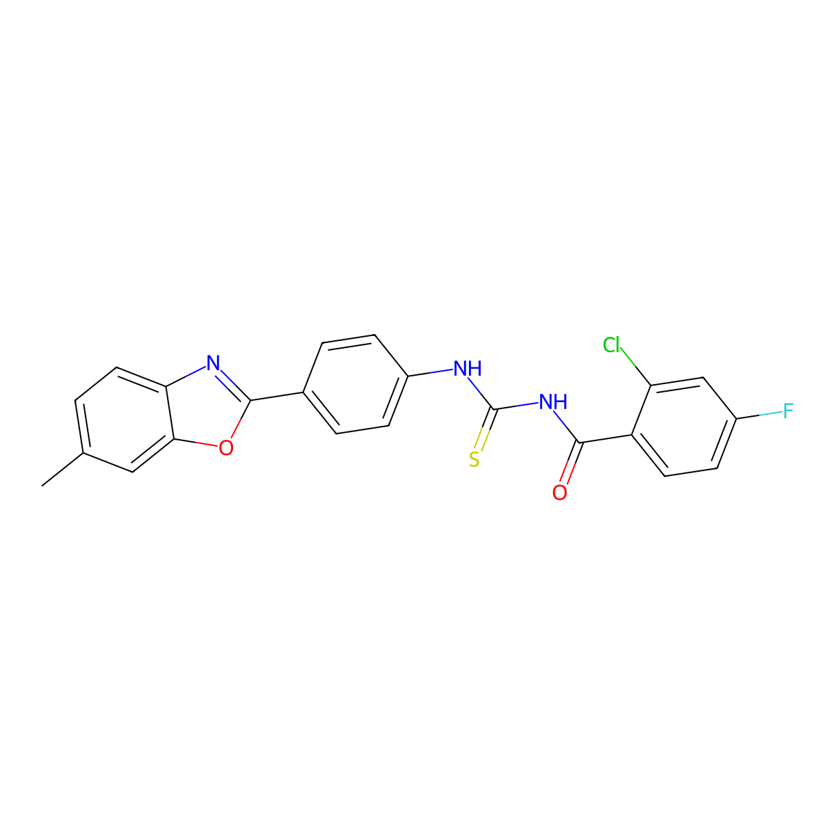 2-chloro-4-fluoro-N-{[4-(6-methyl-1,3-benzoxazol-2-yl)phenyl]carbamothioyl}benzamide molecular structure, CAS 593238-85-8