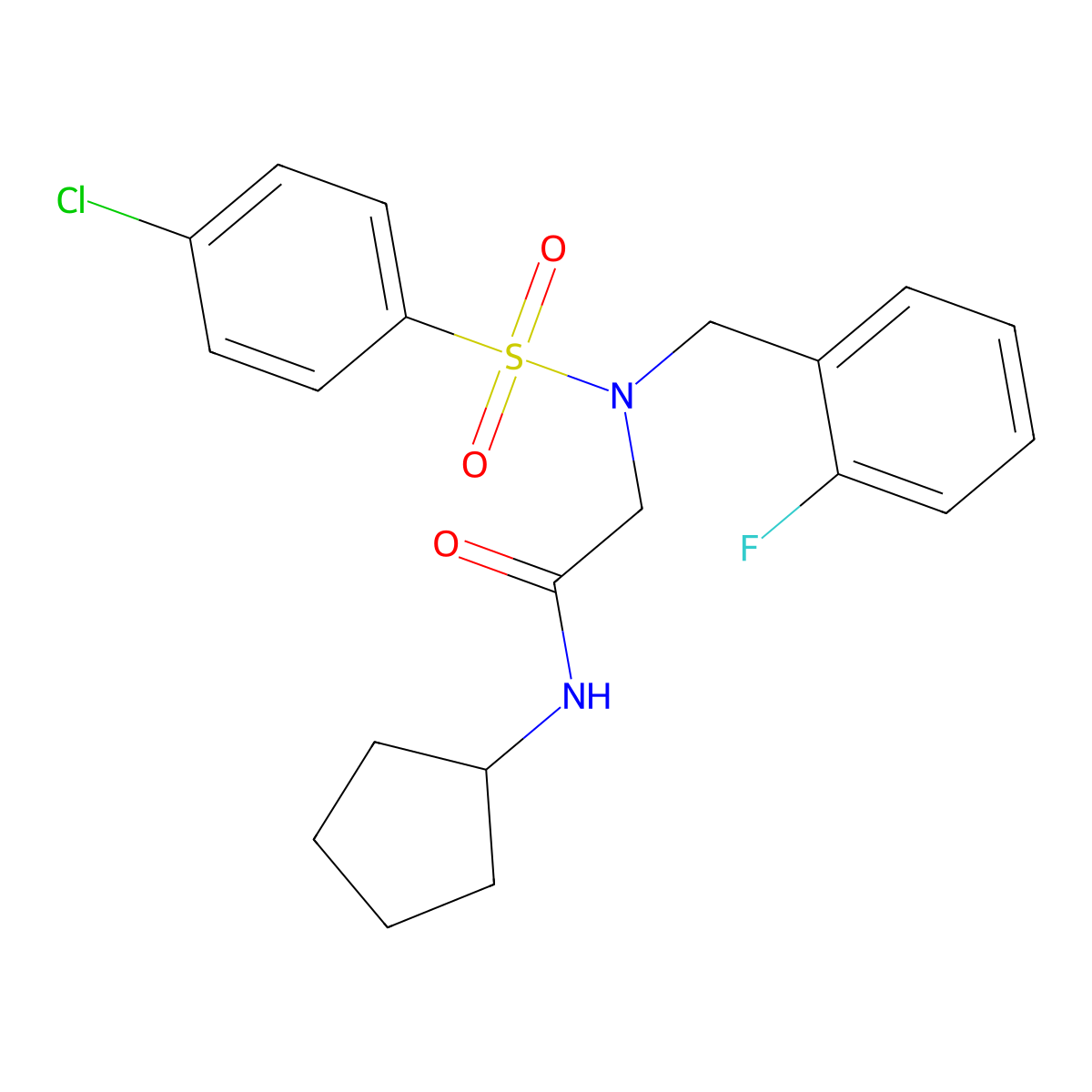 2-[(4-chlorophenyl)sulfonyl-[(2-fluorophenyl)methyl]amino]-N-cyclopentylacetamide molecular structure, CAS 593255-57-3