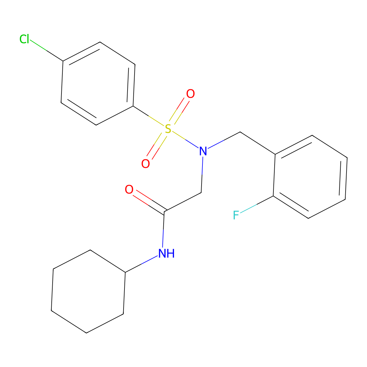 2-[(4-chlorophenyl)sulfonyl-[(2-fluorophenyl)methyl]amino]-N-cyclohexylacetamide molecular structure, CAS 593255-59-5