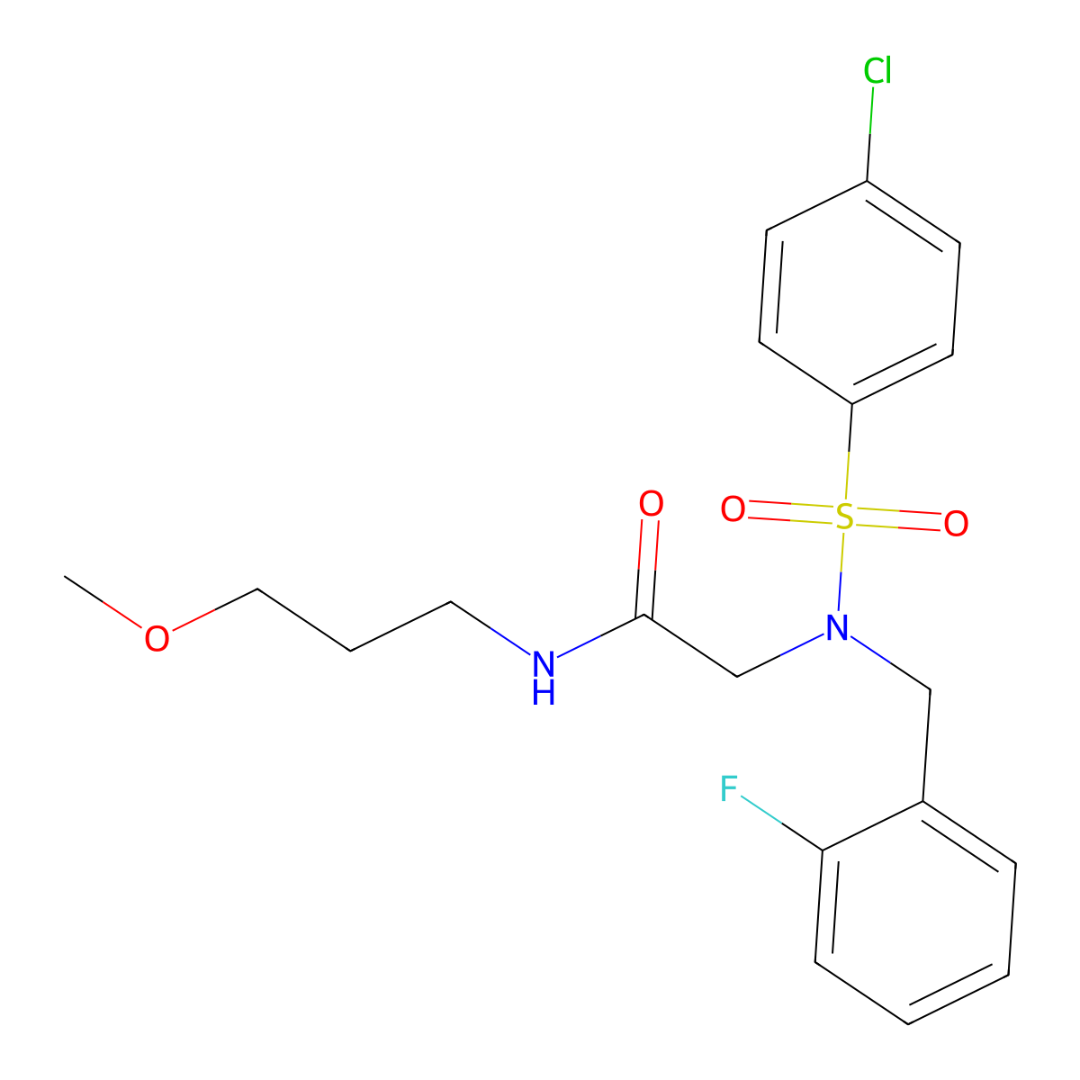2-[(4-chlorophenyl)sulfonyl-[(2-fluorophenyl)methyl]amino]-N-(3-methoxypropyl)acetamide molecular structure, CAS 593255-63-1
