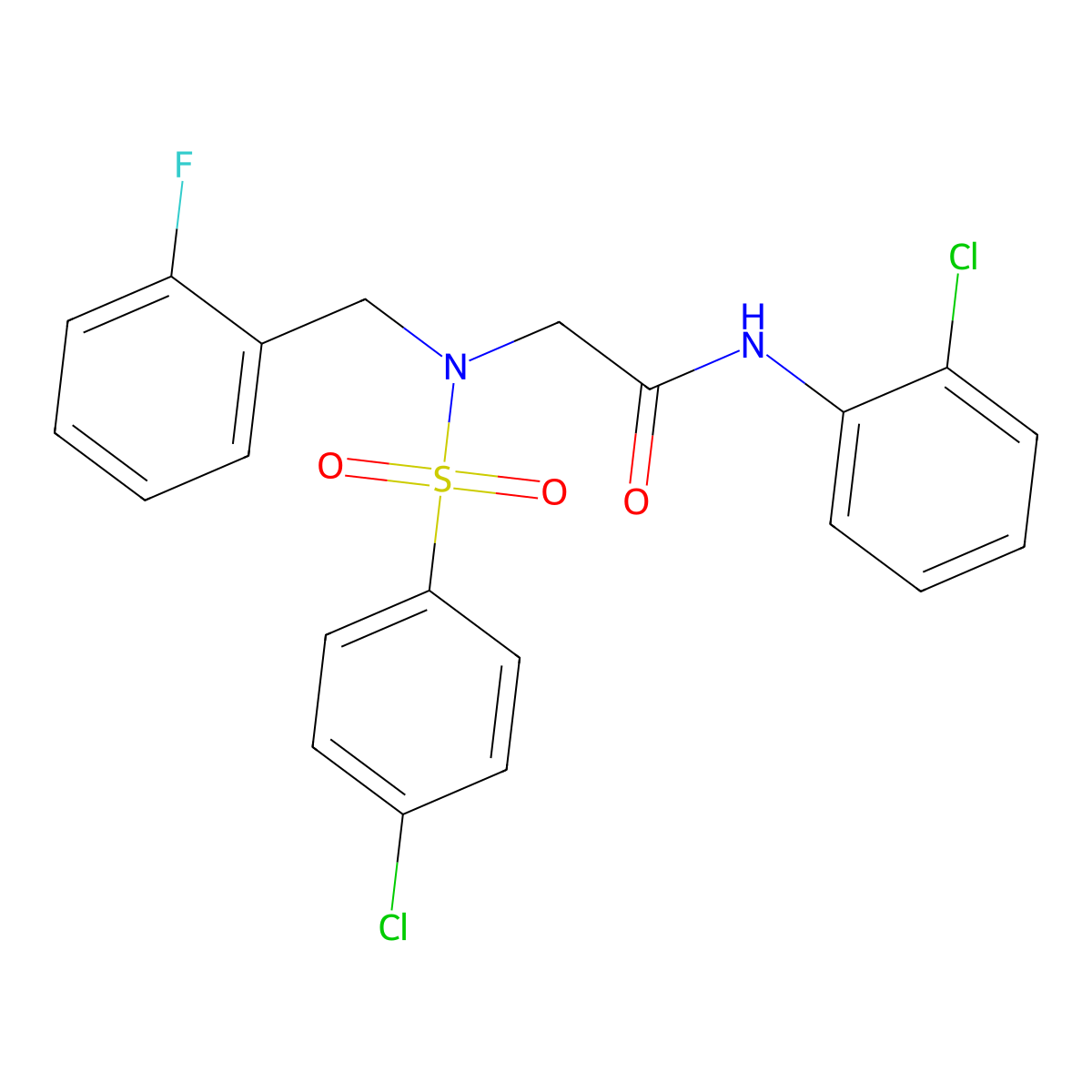 N-(2-chlorophenyl)-2-[(4-chlorophenyl)sulfonyl-[(2-fluorophenyl)methyl]amino]acetamide molecular structure, CAS 593255-73-3