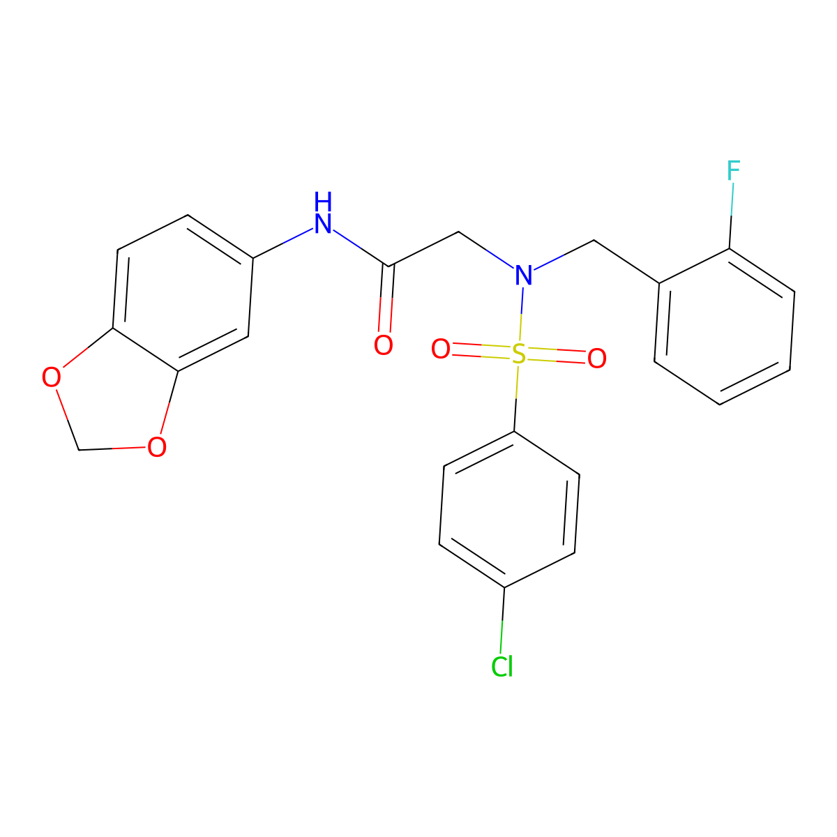 N-(1,3-benzodioxol-5-yl)-2-[(4-chlorophenyl)sulfonyl-[(2-fluorophenyl)methyl]amino]acetamide molecular structure, CAS 593255-79-9