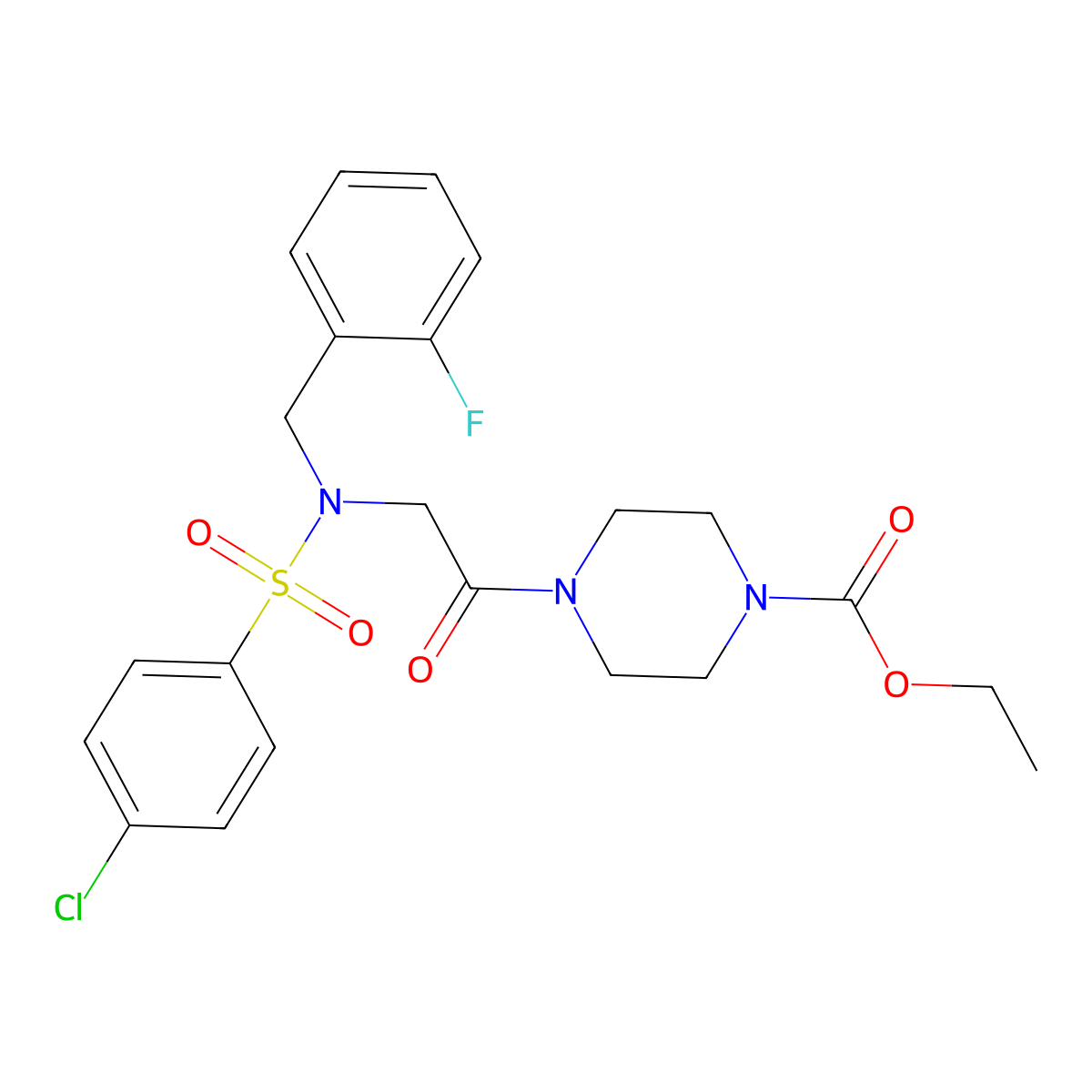 ethyl 4-{N-[(4-chlorophenyl)sulfonyl]-N-(2-fluorobenzyl)glycyl}piperazine-1-carboxylate molecular structure, CAS 593255-82-4