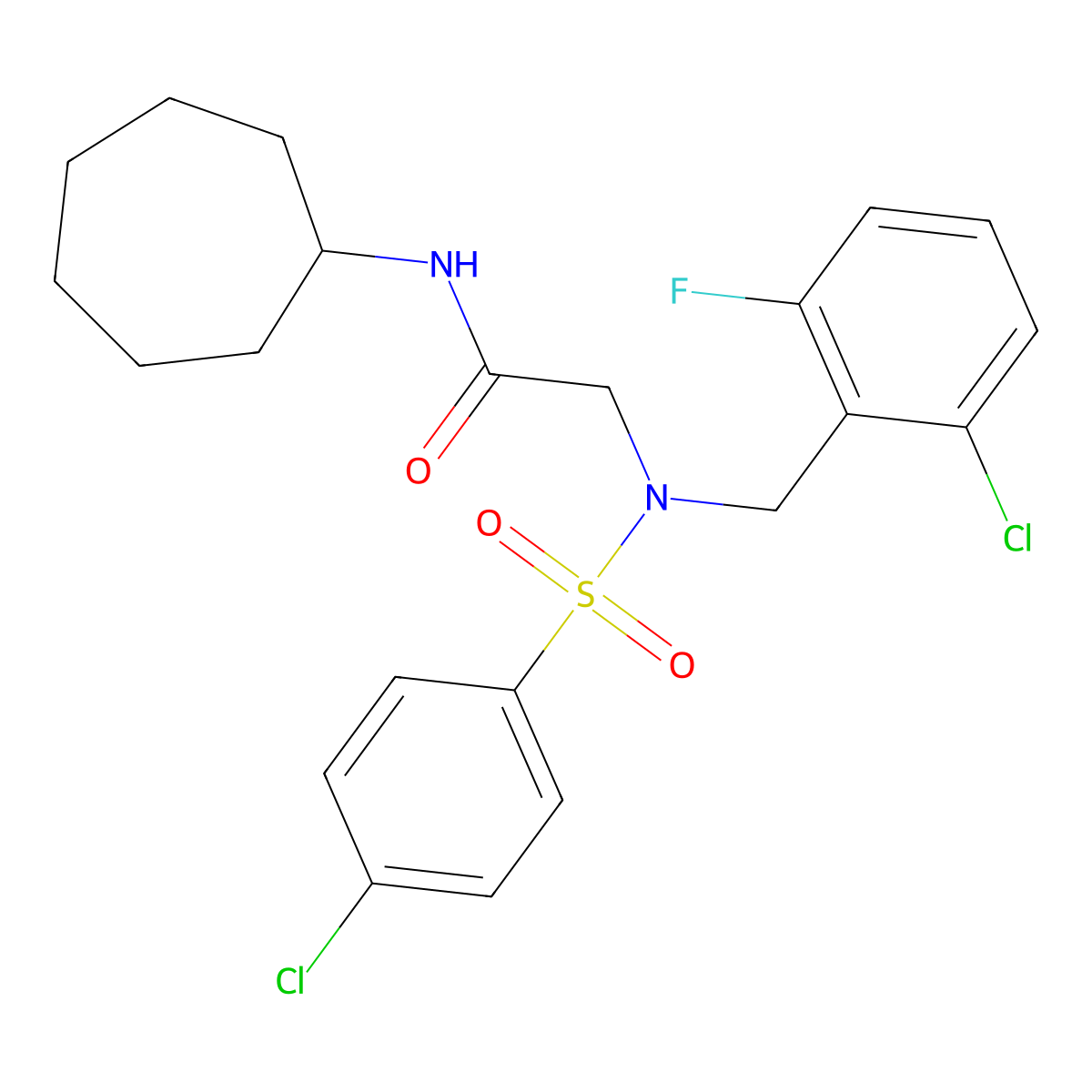 2-[(2-chloro-6-fluorophenyl)methyl-(4-chlorophenyl)sulfonylamino]-N-cycloheptylacetamide molecular structure, CAS 593256-40-7